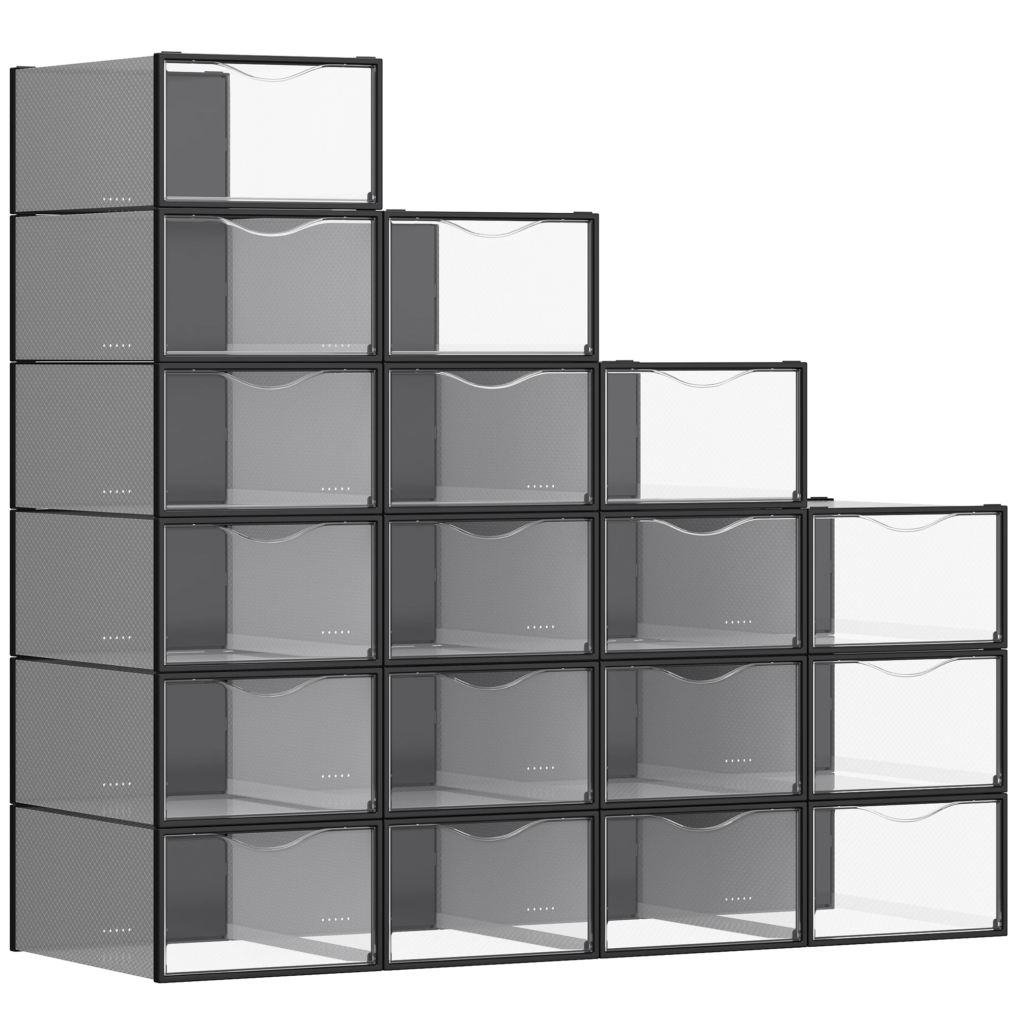 SONGMICS Cajas para Zapatos, Organizador de Zapatos de Plástico, con Puerta, Transparente, Juego de 18, Apilable, 33,2 x 23 x 14,5 cm, para Zapatos hasta 43, Transparente y Negro Tinta/Transparente y