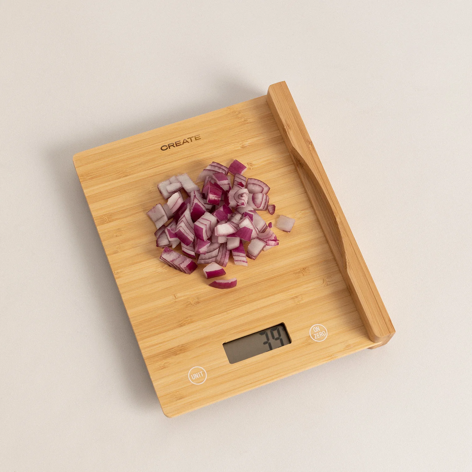 Create - bamboo cutting board with integrated scale and battery included - up to 5kgs - tare function - board scale bamboo