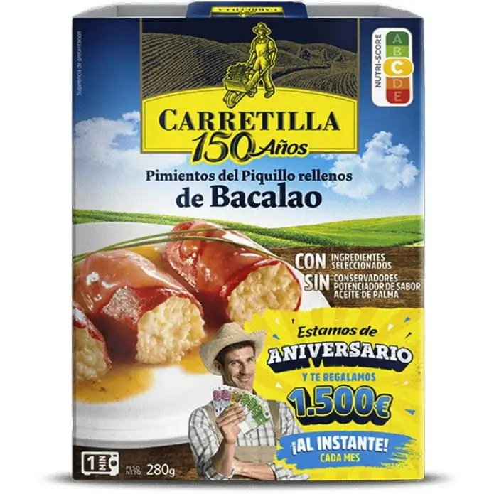 Carretilla Pimientos Piquillo Rellenos Bacalao 10 Unid 280g - Plato Listo en 1 Minuto,No Necesita Frío,Con Ingredientes Seleccionados,Sin Conservadores,Sin Aceite de Palma y Sin Potenciador del Sabor.