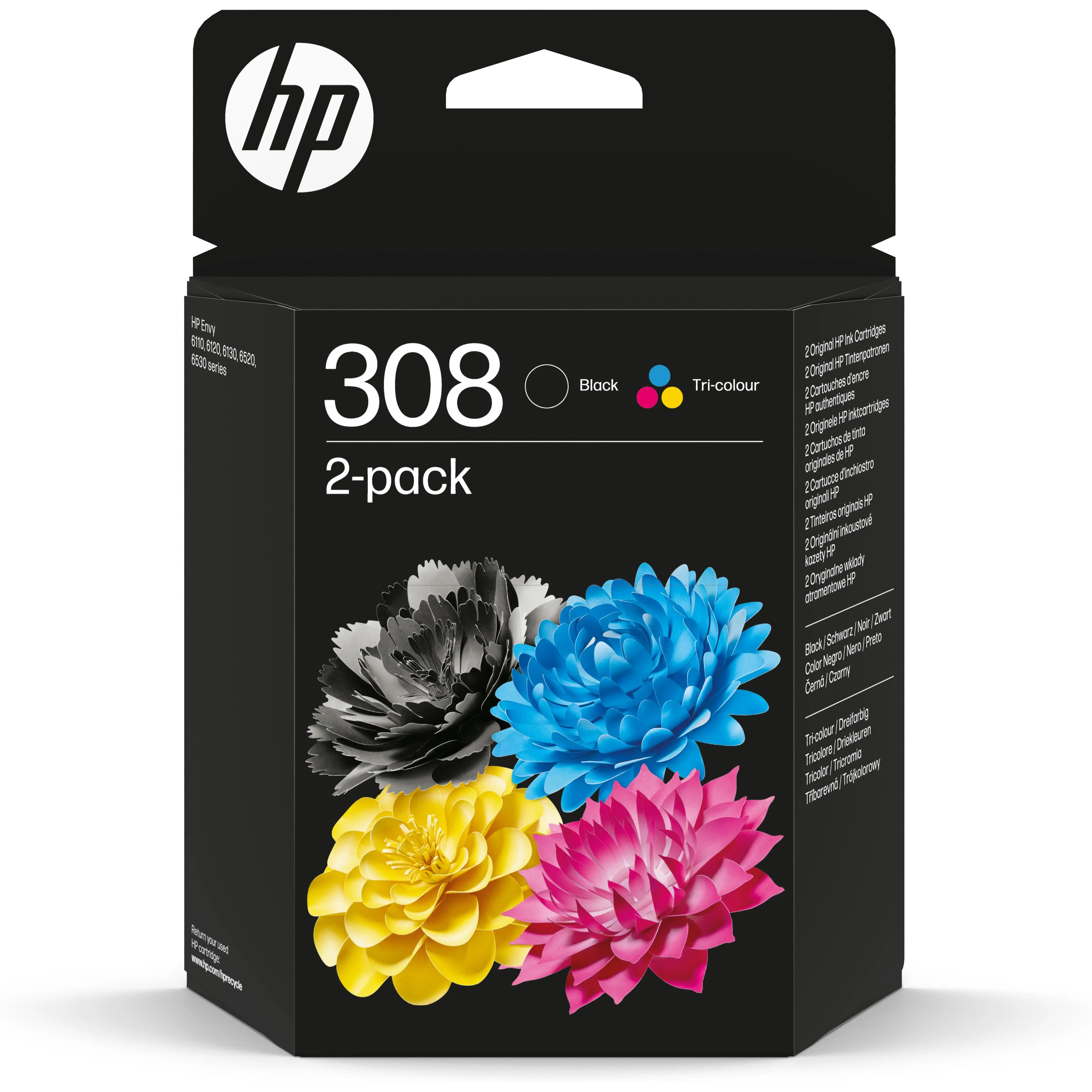 HP 308 - Cartuchos de tinta auténticos, color negro y tres colores
