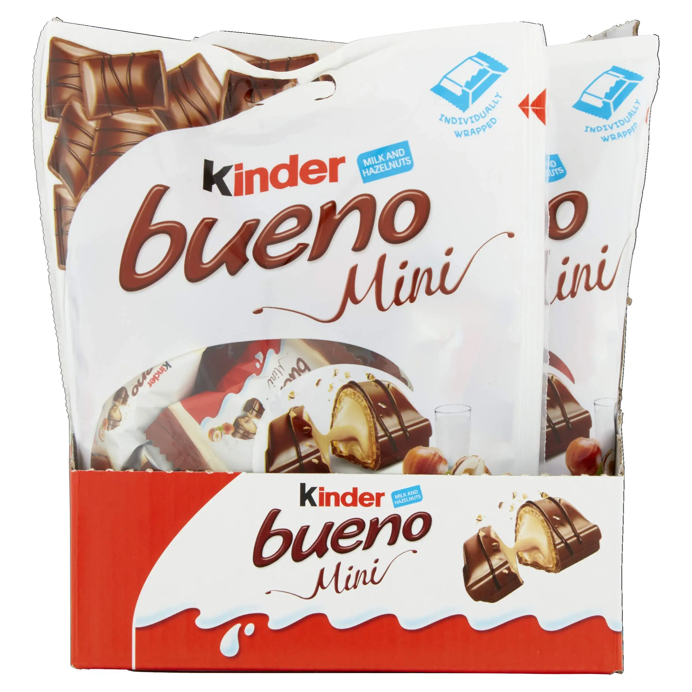 Mini KINDER BUENO  - Pack 2/6 bolsas - Bolsa de 20 unidades - Crujiente barquillo envuelto individualmente, recubierto de chocolate con leche y con un