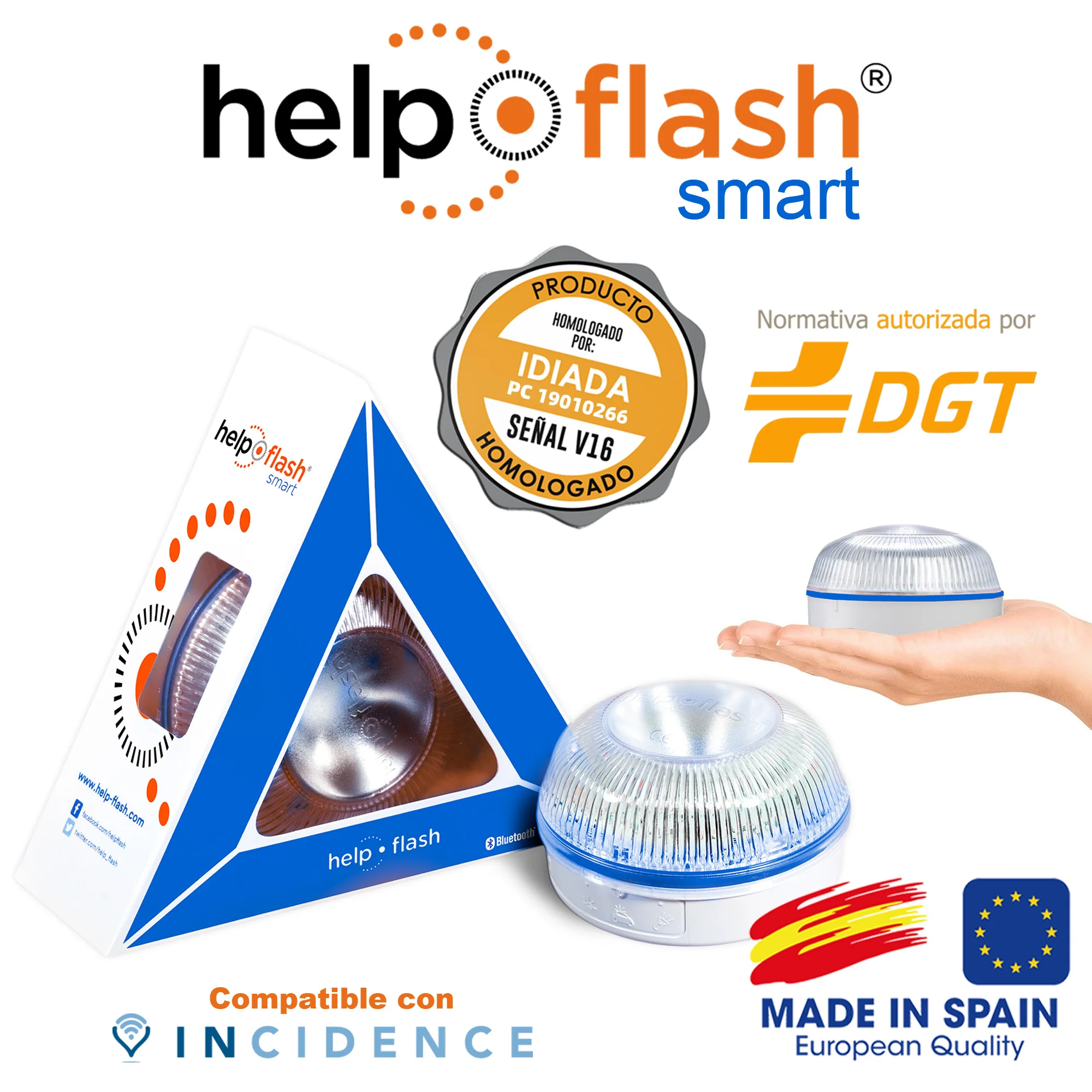 HELP FLASH Smart-standalone emergency light hazard and flashlight, approved, DGT standard, V16, automatic activation + hammer