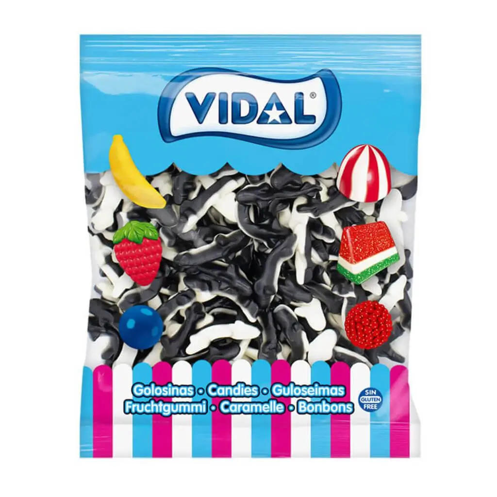 Vidal Tiburones Tiburón Blanco-Negro - Bolsa de 250 ud - Gominolas, chucherías Sin Gluten y Sin grasa