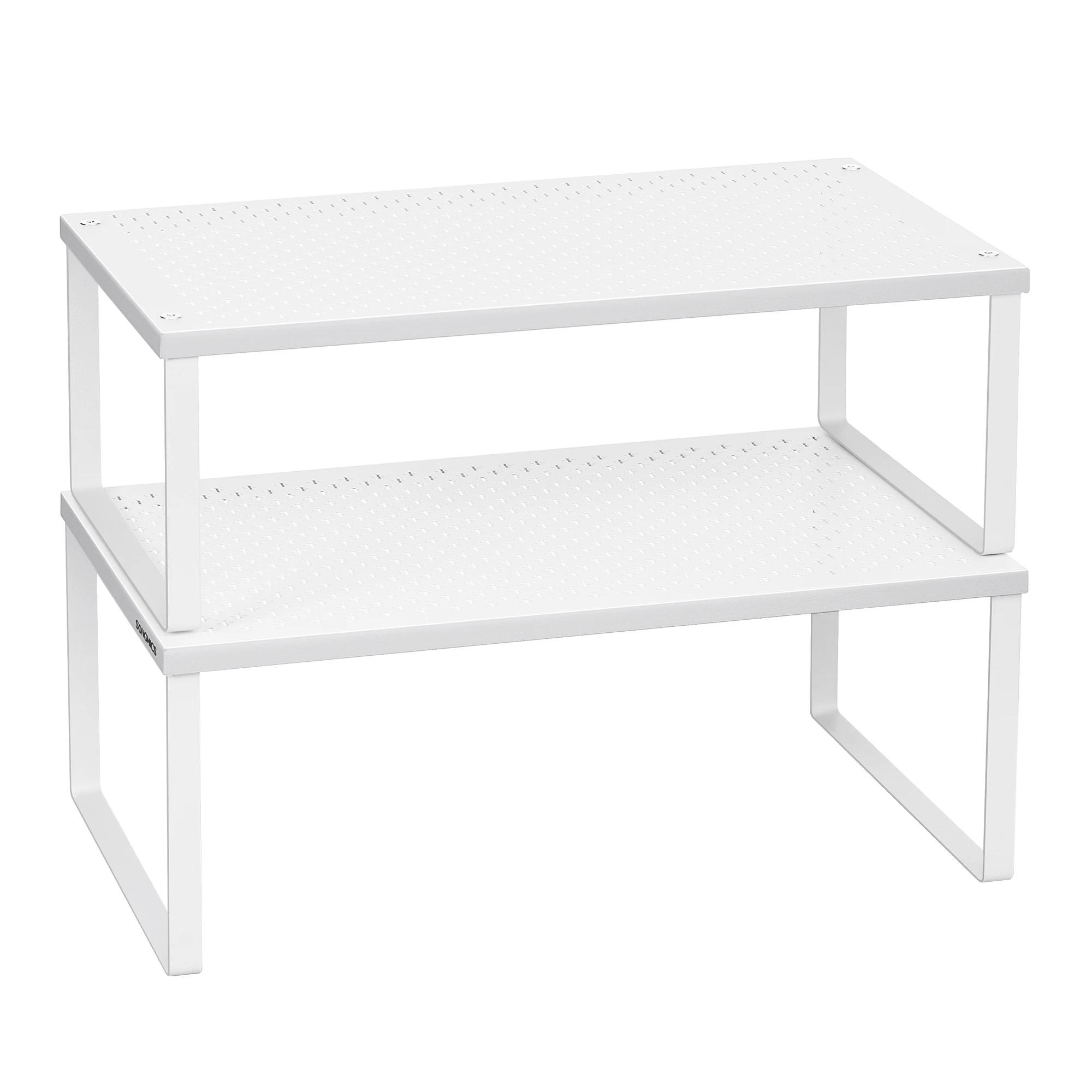 SONGMICS Especiero, Estante para Especias, Organizador para Armarios, para Mostradores, Elevador de Estantes, Apilable, Ampliable, Juego de 2 Estantes Metálicos para Cocina, Blanco