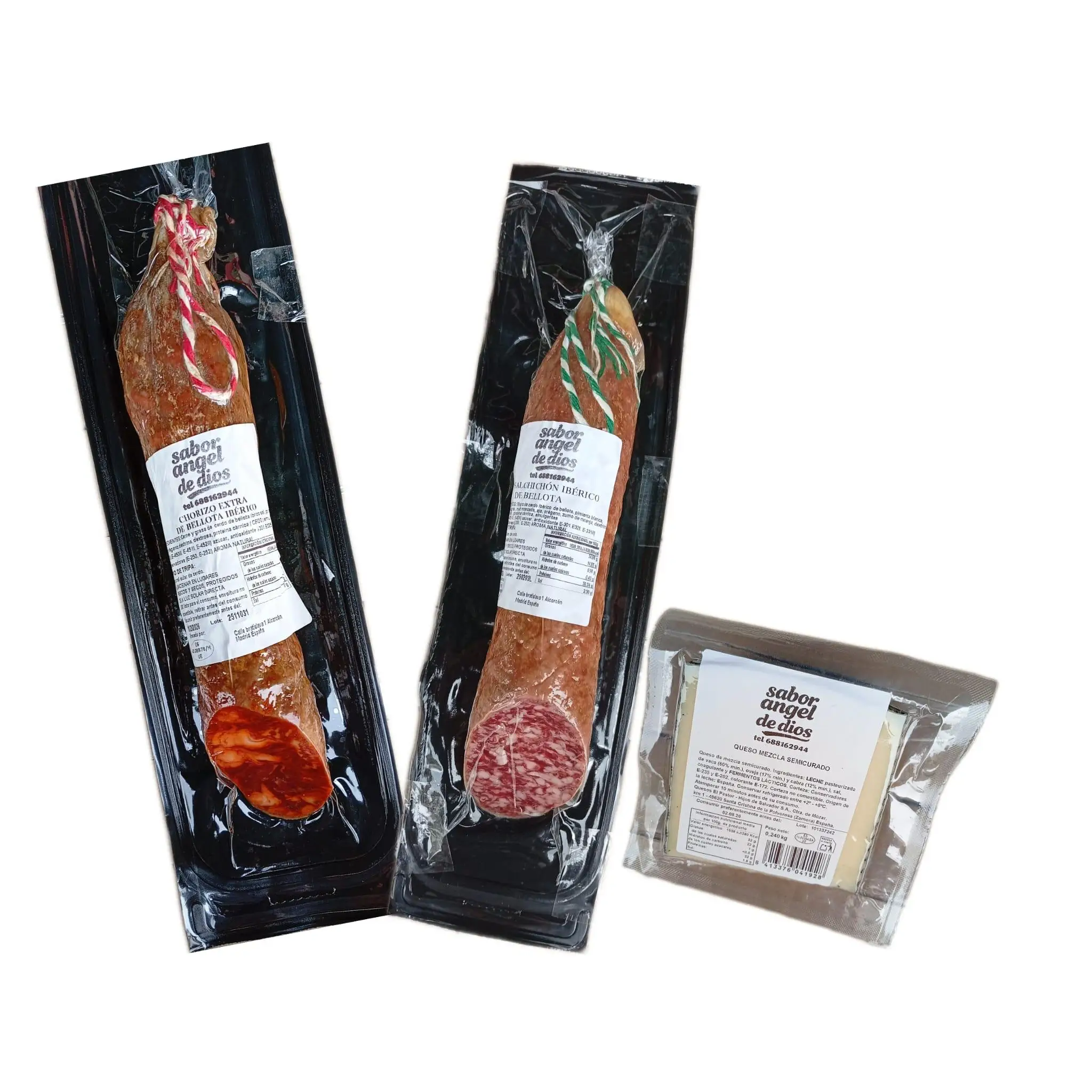 CHORIZO Y SALCHICHON IBERICO DE BELLOTA + CUÑA DE QUESO MEZCLA SEMICURADO DE REGALO - 500gr Aprox / CADA BARRA - SABOR ANGEL DE DIOS.
