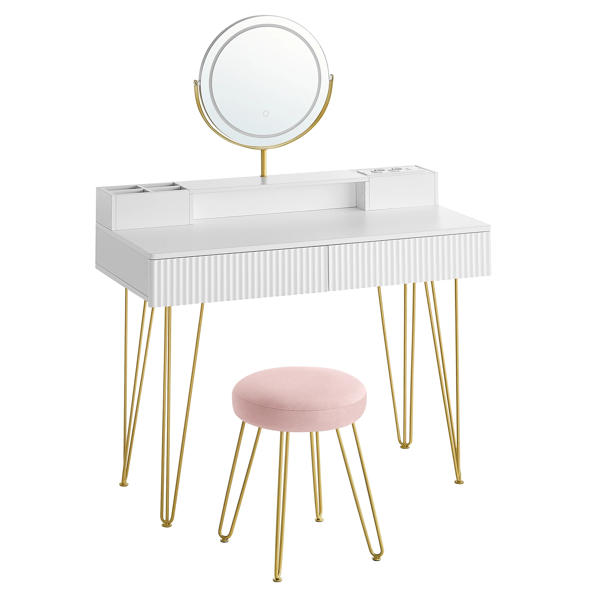 VASAGLE Tocador con Taburete e Iluminación, Regleta de Enchufes, Espejo Giratorio, Tocador, 40 x 100 x 134,8 cm, Tocador con Cajones, Taburete Tapizado, Blanco Mate y Dorado Pálido