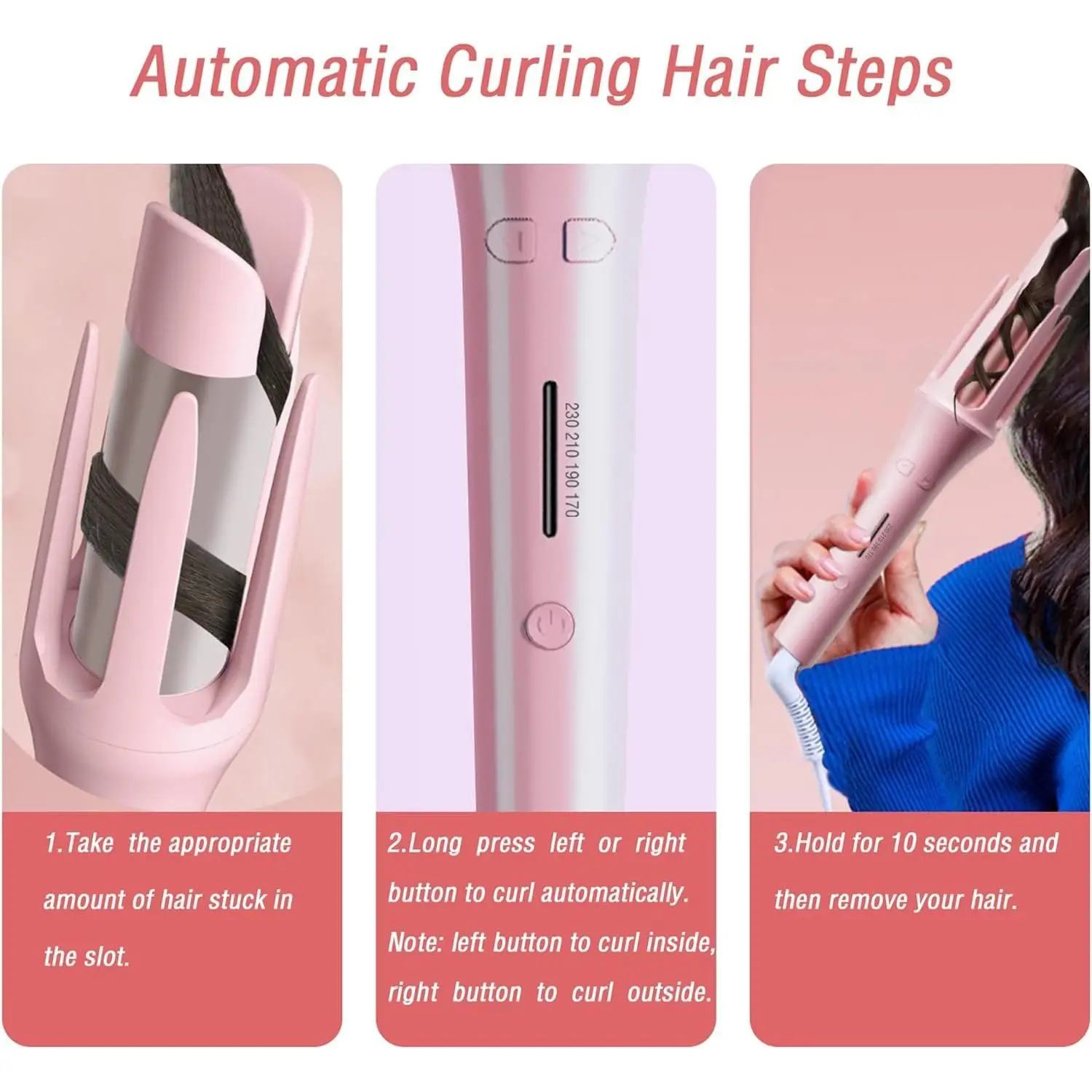 42W Professional Automatic Hair Curler with 360 ° Rotating 1,8m Cable, 32mm Barrel, Ionic Curler and Temperature Dimmable, Ceramic Wands Quick Heating in 10sec For short and long hair, small appliance beauty, pink