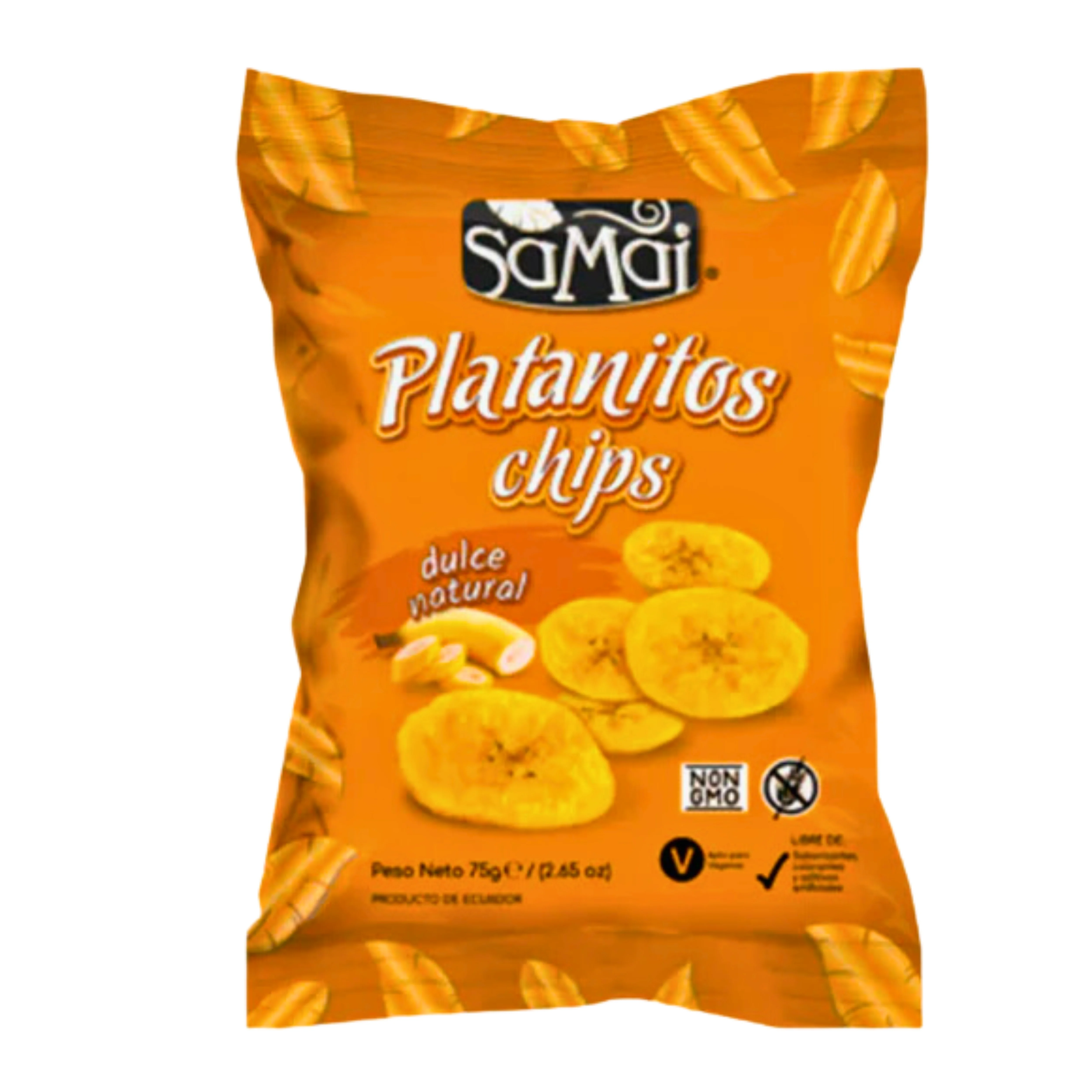 3 PACKAGE SAMAI PALATANITE CHIPS SWEET NATURAL FINE AND CRUJIENT TEXTURE WITHOUT GLUTEN 75G.ECUADOR