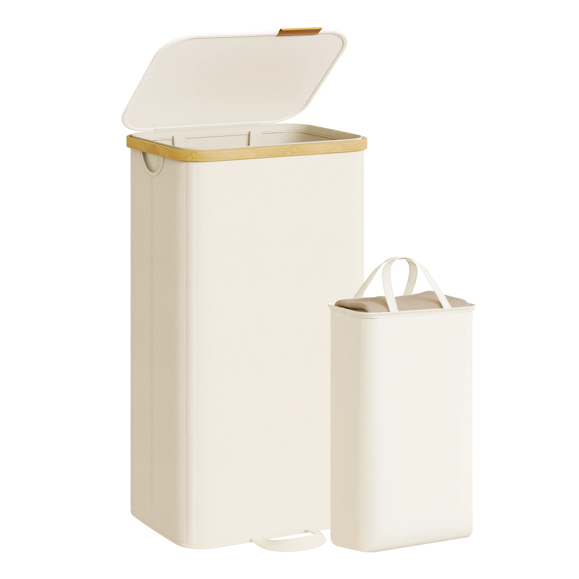 SONGMICS Cesto para la Colada con Tapa, Cesta para Ropa Sucia, Bolsa Interior Extraíble, Marco de Bambú, Lavandería Dormitorio, 100 L, Blanco Crema/Gris Pizarra