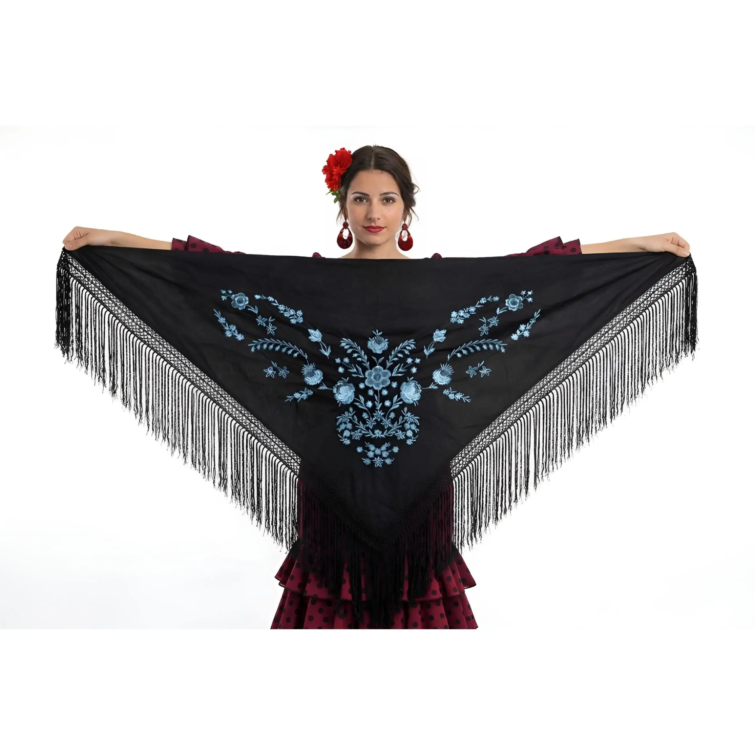 Mantón Triangular Bordado 150x75cm - Pañuelo de Pico con Flecos para Eventos y Fiesta - Varios Colores