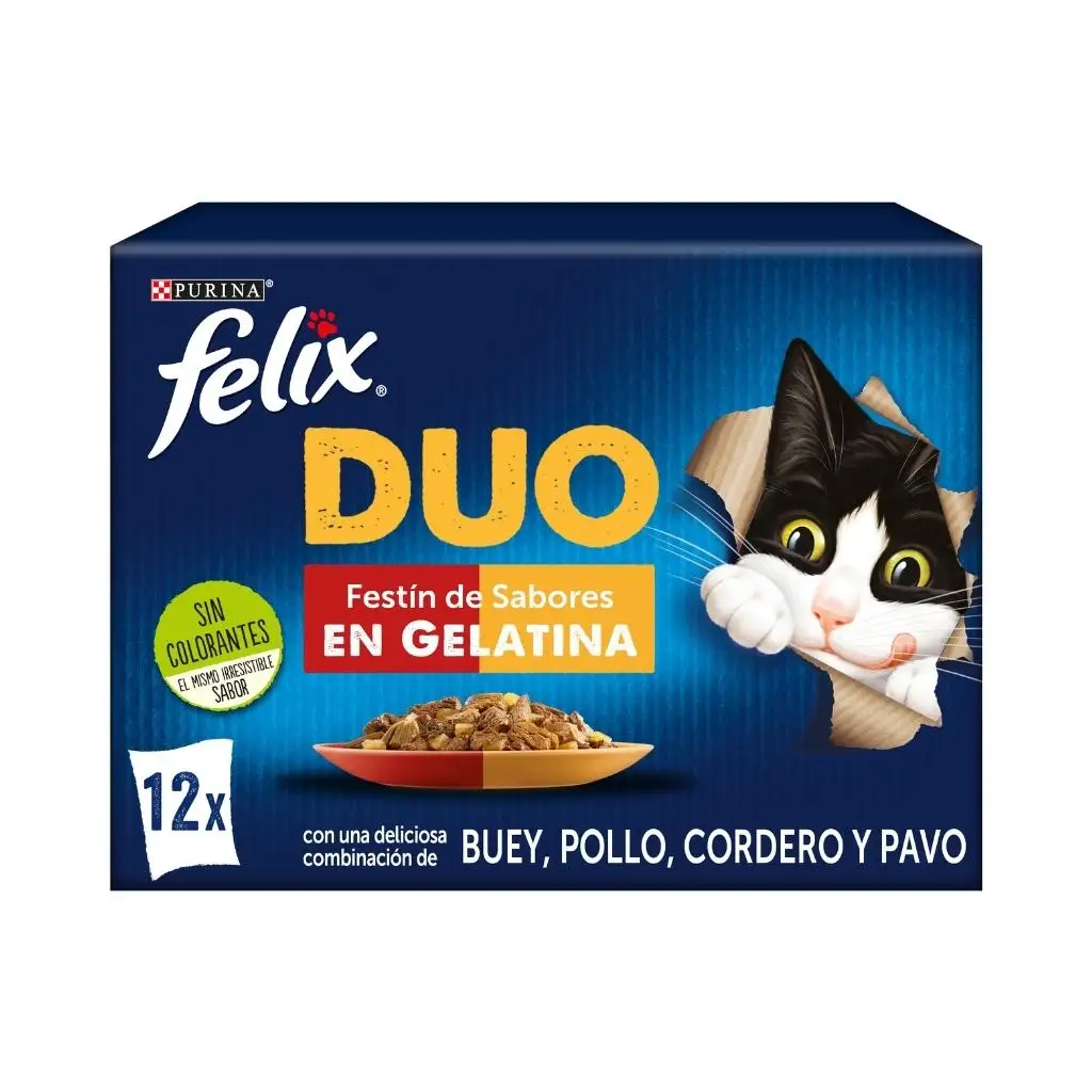 FELIX Fantastic DUO Festín de Sabores en Gelatina - Alimento Húmedo Completo para Gatos Adultos Combinación de Carnes (Pollo y Riñón, Pavo e Hígado, Cordero y Buey, Buey y Aves)