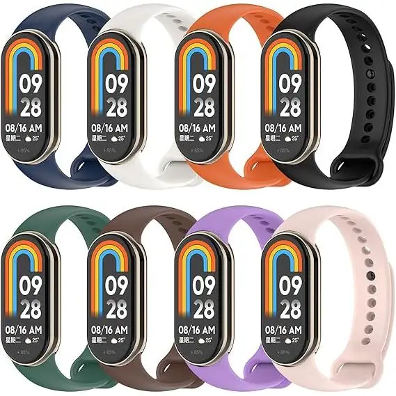 Confezione da 8 Cinturini di Ricambio per Xiaomi Mi Band 8 e 9 – Cinturini in Silicone Morbido e Traspirante, Regolabili e Resistenti, con Connettore in Metallo Sicuro – Cinturini Sportivi Colorati