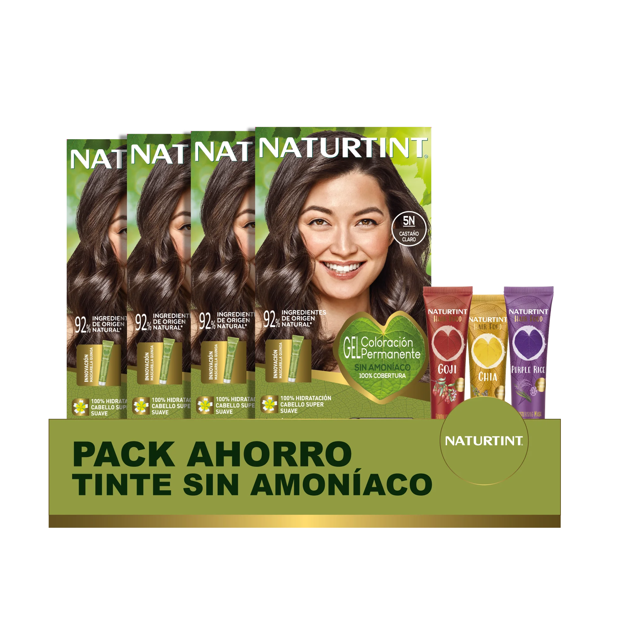 NATURTINT Biobased, Coloración Permanente Sin Amoniaco Pack de 4  + Extra Hairfood Mascarilla 90ml, 100% Cobertura de Canas, Tinte para el Cabello con Ingredientes Naturales, Color Intenso, Natural y Duradero, 680ml
