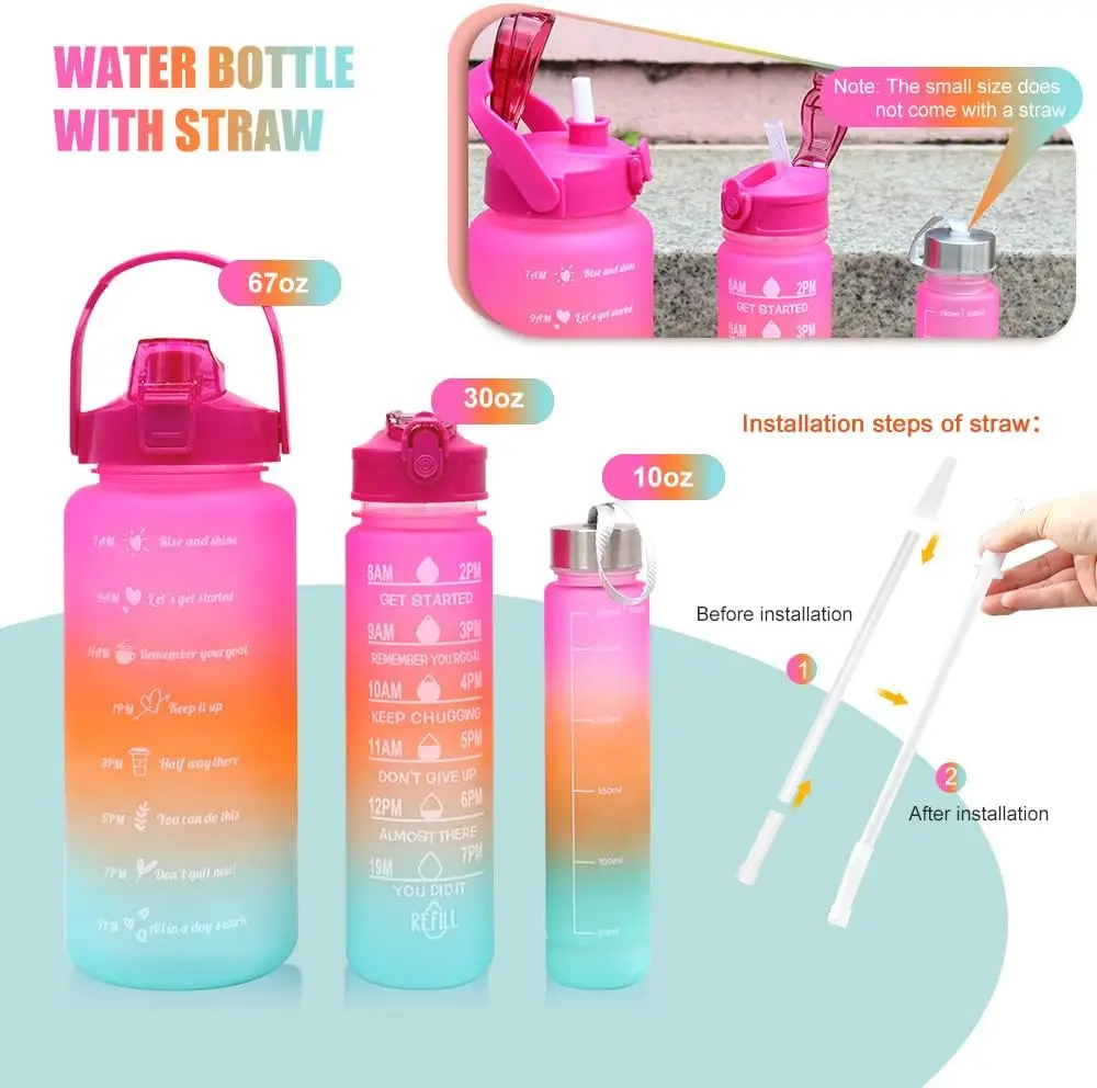 C.A 3 Packs (2L + 900ml + 300ml) Sports Water Bottle with Pajita, Leakproof, No BPA, Motivational, Portable for camping, Bicycle, School, Car