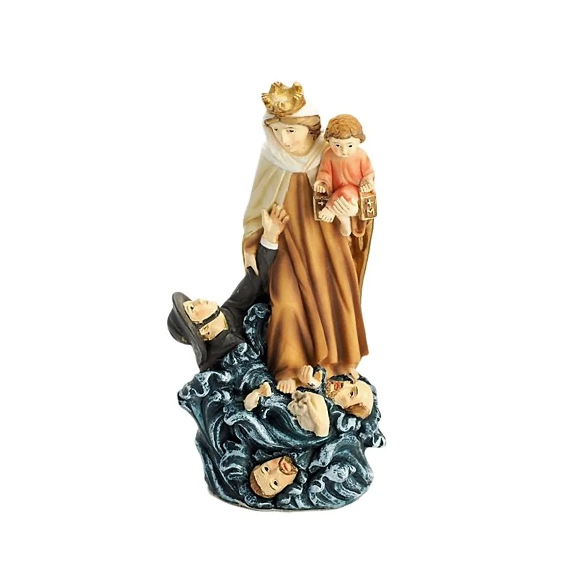 Figura Virgen del Carmen imagen 15cm. Patrona de los pescadores peana mar resina decoración