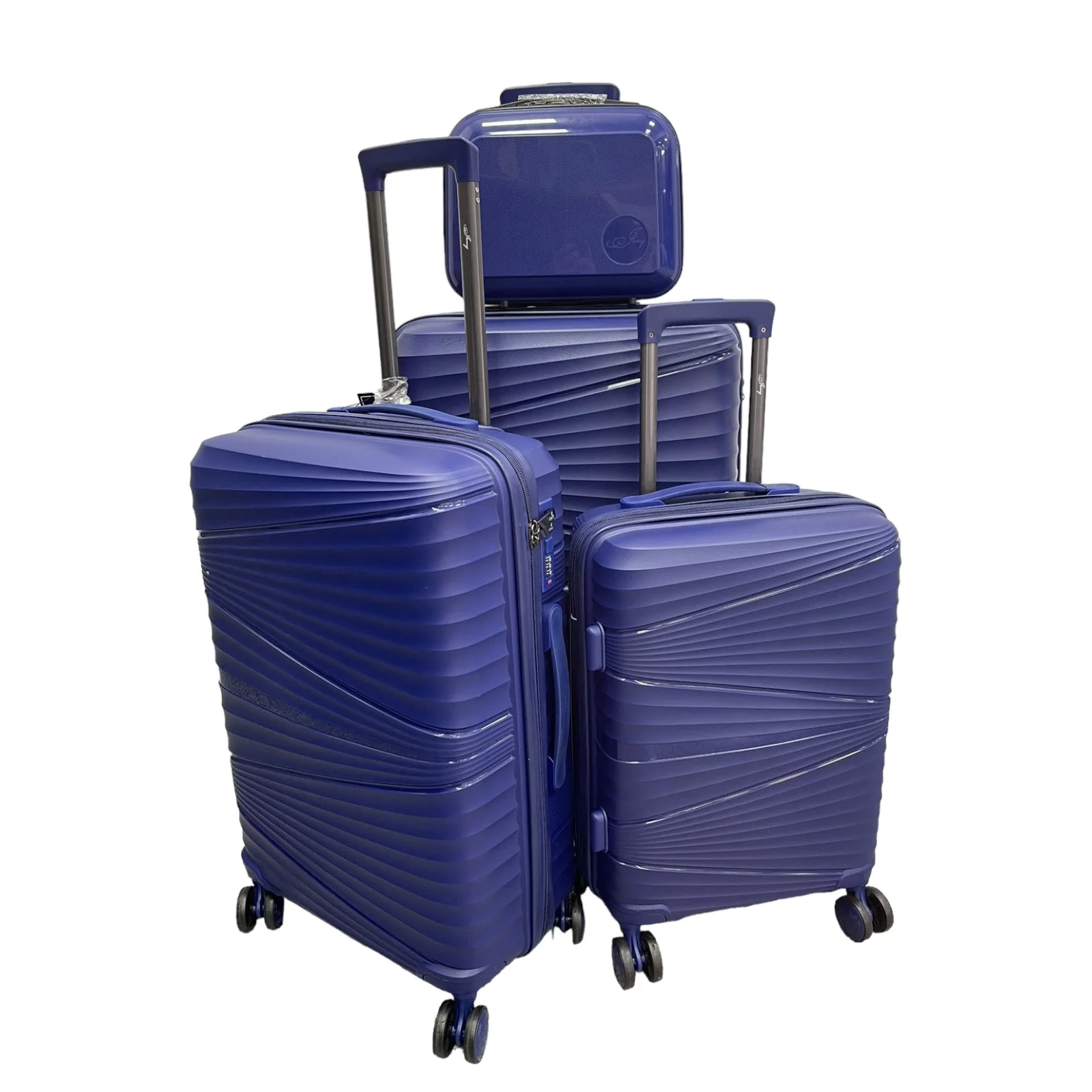 4 PCs set of rigid blue suitcases. Cabin Suitcase, medium suitcase, large suitcase and toiletry bag. Eco Friendly 4 wheel double wheel ABS travel luggage Set 04-04 combination lock