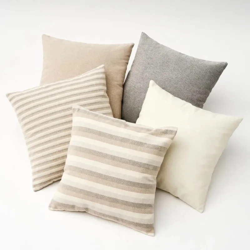 Dcasa set of 5 45x45 cm natural cotton beige striped cushions with padding