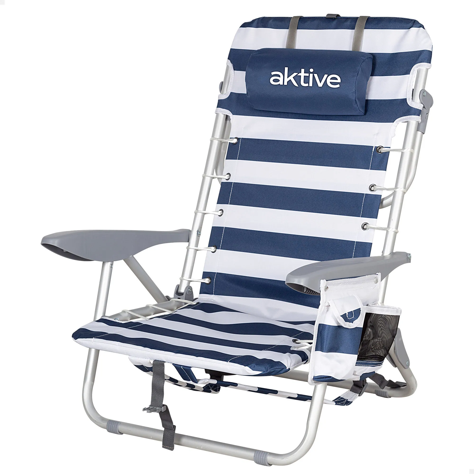 Aktive - Silla de playa plegable con respaldo reclinable 4 posiciones, 50x45x76 cm, fabricada de aluminio y poliéster, con cojín, bolsillo lateral y mochila, máx. 110 kg, sillas de playa, sillas
