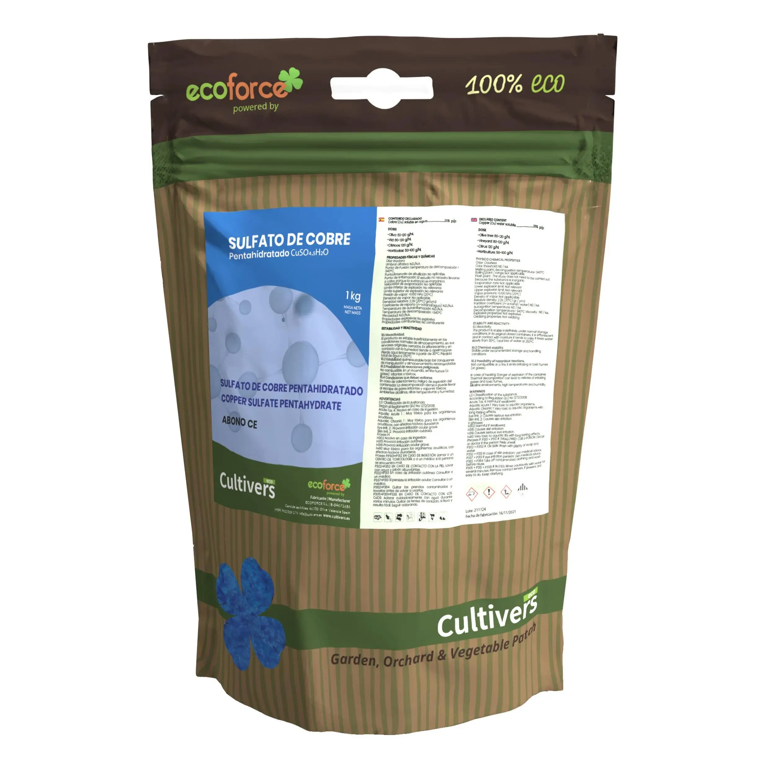 CULTIVERS Sulfato de Cobre cúprico CuSO de 1 kg Polvo Mojable. Multiples usos