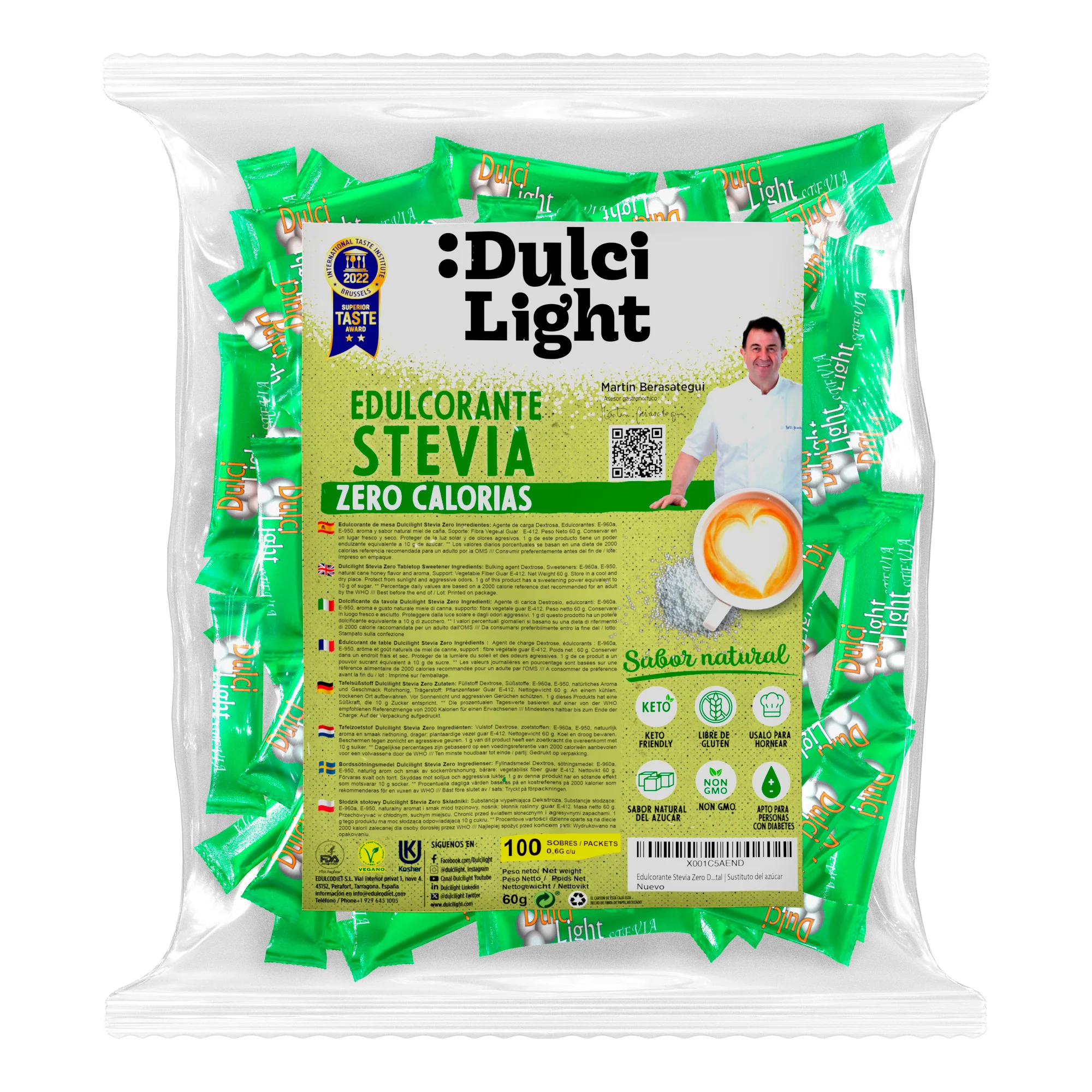 Dulcilight Estevia Granulada - 100 Sobres de Stevia 100% Sabor Natural Zero Calorías 1 sobre = 2 cdas de Azúcar Edulcorante Sustituto del Azúcar con Fibra Vegetal No GMO Keto Vegano Libre de Gluten