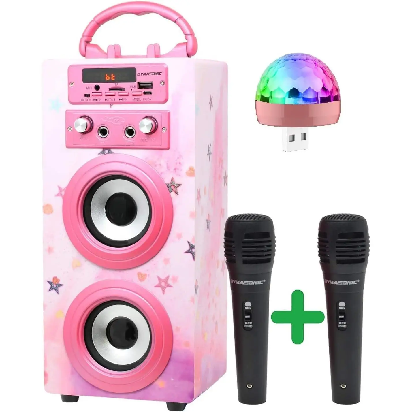 DYNASONIC portable Bluetooth speaker with Karaoke light and microphone, FM Radio and USB SD reader, Model 15, disco lights, multifunction, tech TWS