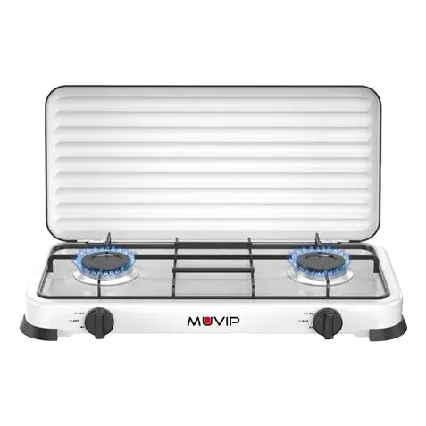 Muvip vulcano cocina de gas con 2 fuegos - tapa protectora - patas de goma - superficie esmaltada - quemador extraible - 57.7x27.8x5.3cm - color blanco