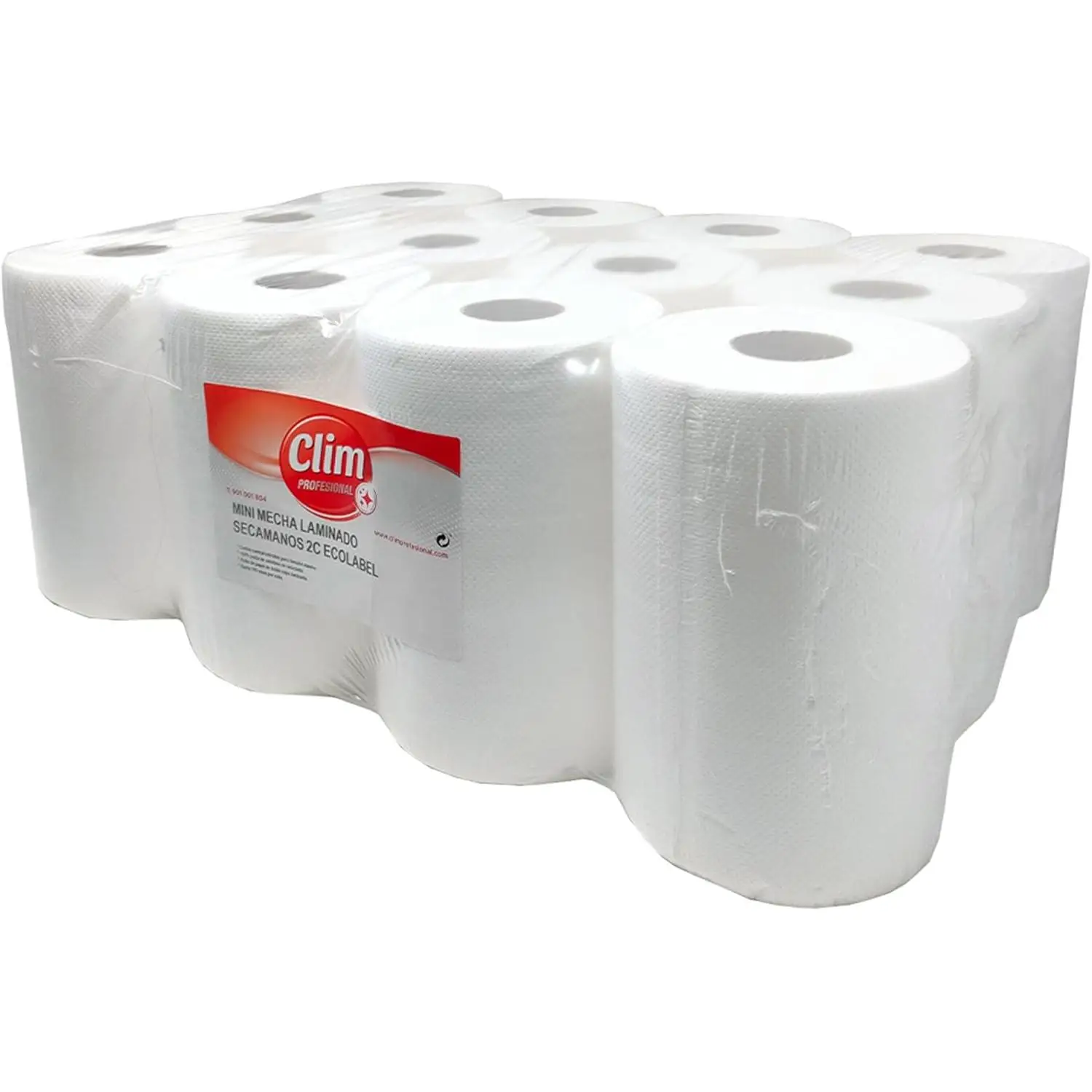 Papel secamanos mini mecha doble capa laminado gofrado Clim Profesional. Pack 12 rollos