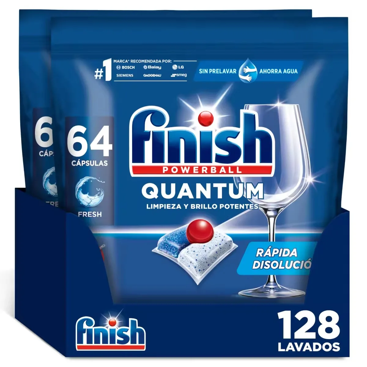 Finish Powerball Quantum, 128 Pastillas para Lavavajillas, Limpieza y Brillo Potentes, Aroma Limón, Formato 2x64