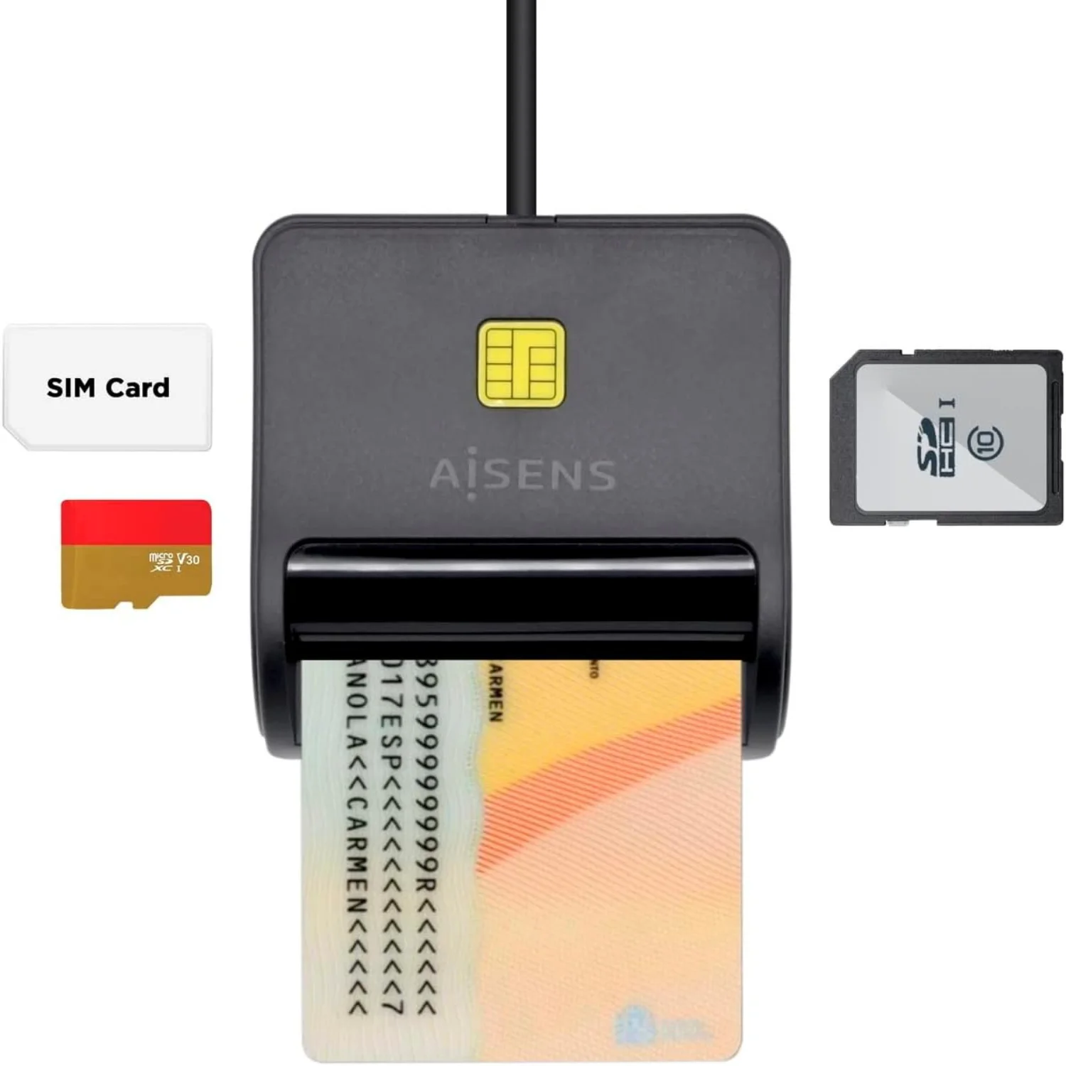 Aisens - Lector DNI Electrónico DNIe y Tarjetas Inteligentes (SIM, SD, Micro SD, MMC, RS-MMC, MMC Micro) Con USB, Compatible con Mac y Windows, Identificación Personal en Sitios Web y Administraciones Públicas, Color Negro, ASCR-SN02SD-BK