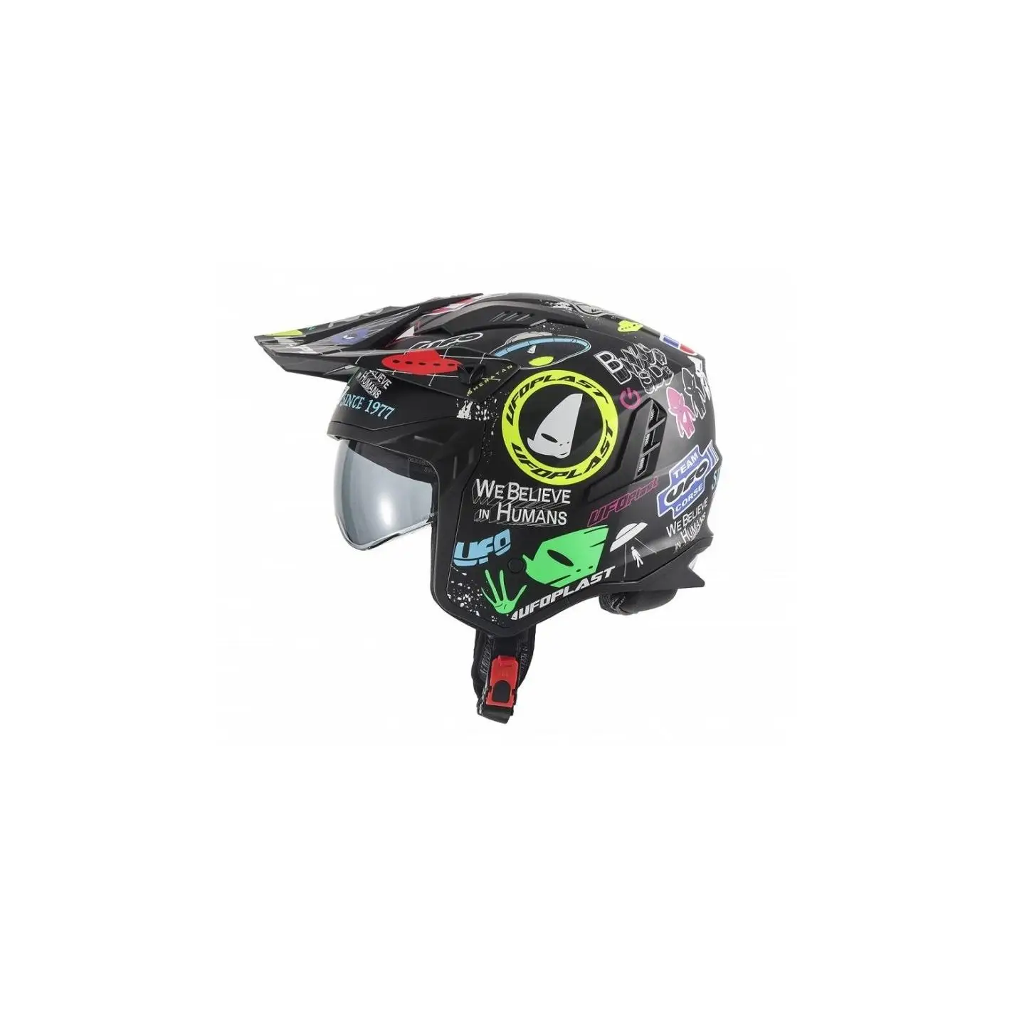 Casco Jet UFO Sheratan Trial Graphic Logos Negro Mate