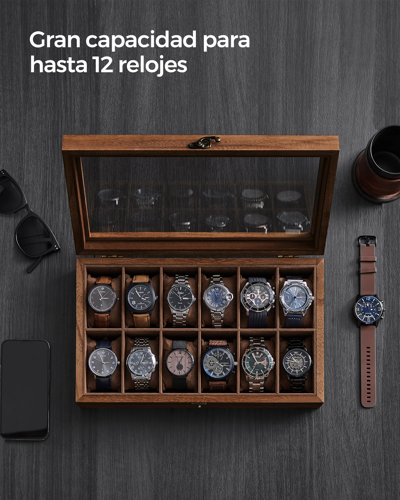 Songmics watch box with 12 compartments, solid wood watch box, with glass lid, watch cushion, gift for loved ones, rustic walnut/ebony black/ink black, christmas gift #4