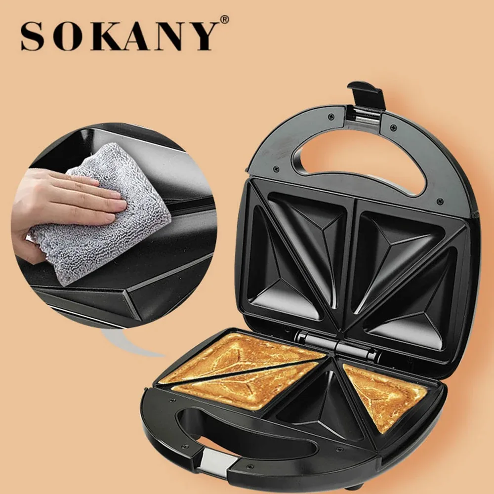 750w electric sandwich maker, toaster and grill, non-stick coating, triangular-shaped plates, led indicator, cool touch handle. Sokany