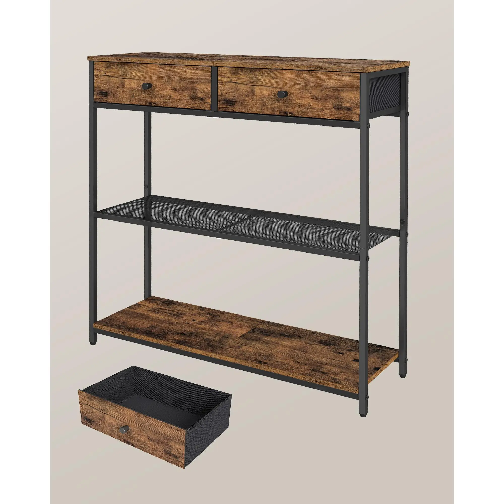 VASAGLE Mesa de Entrada Estrecha, con 2 Cajones de Tela, Mesa de Consola de 3 Niveles, 24 x 76 x 80 cm, para Entrada, Sala de Estar, Marrón Rústico y Negro Tinta/Blanco Mármol y Negro Tinta
