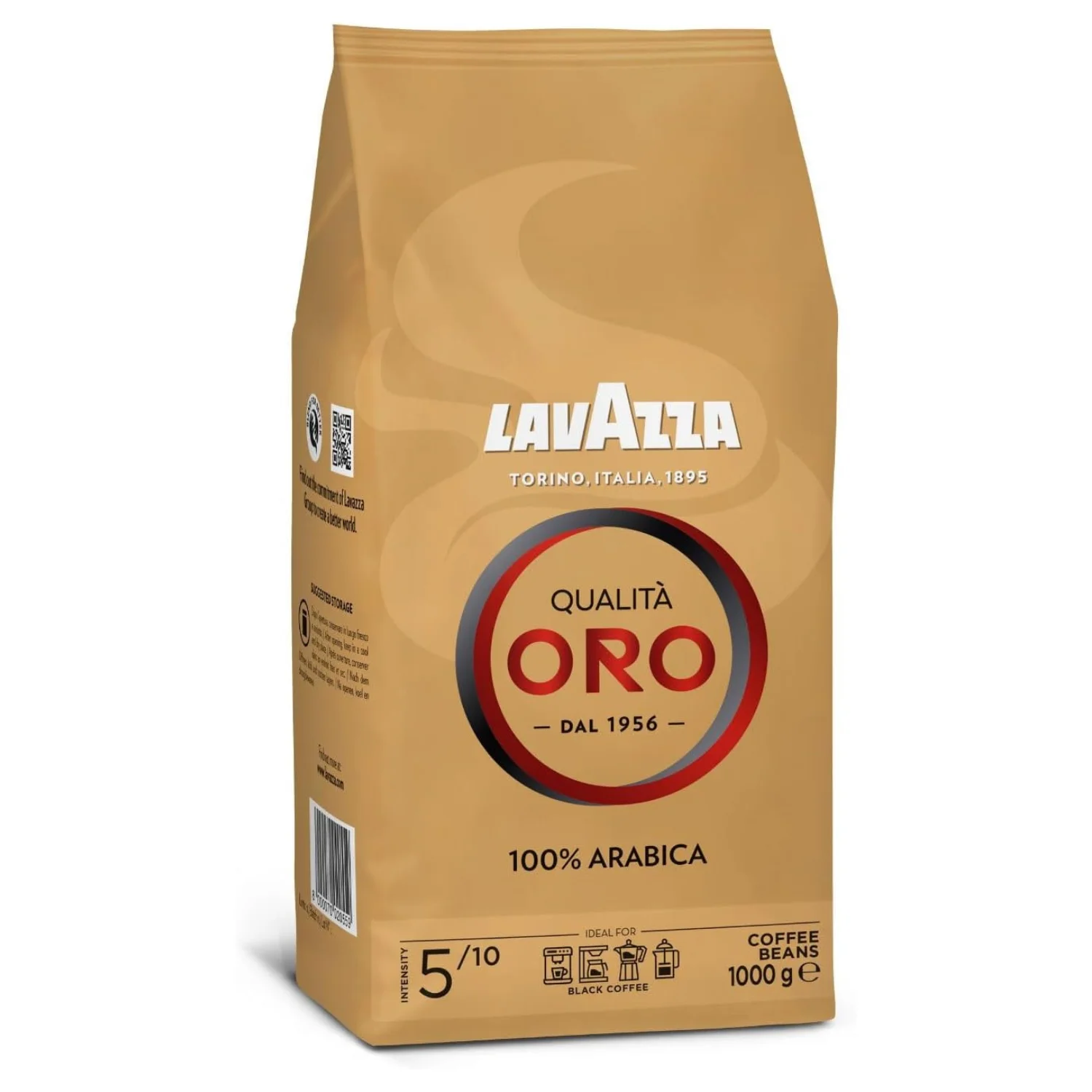 Lavazza Qualità Oro 1kg Paquete de 1 Kg Café Natural en Grano, Ideal para la Máquina de Café Espresso, Con Notas Aromáticas de Frutas y Flores, 100% Arábica, Intensidad 5 Tueste Medio