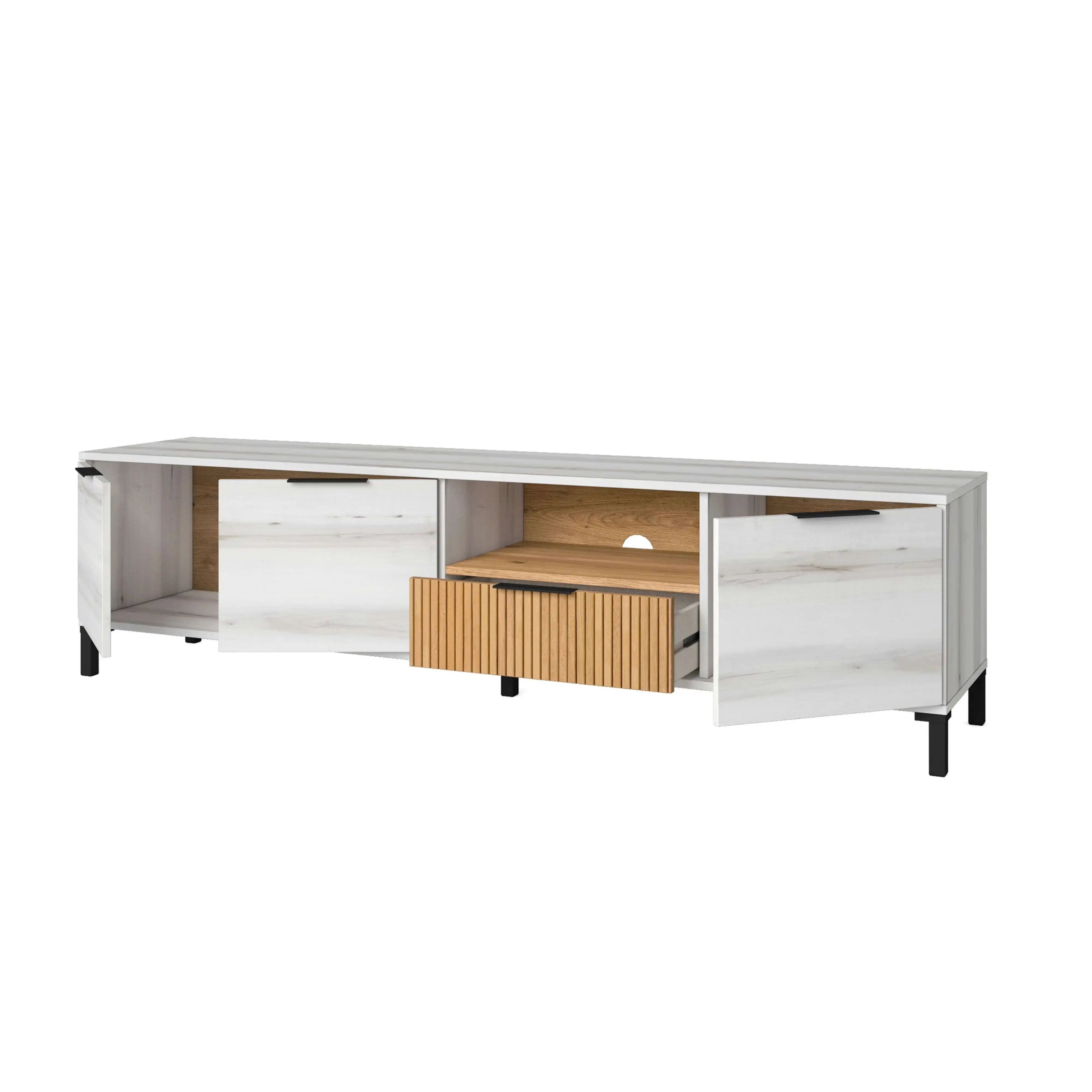 Miroytengo Mueble de TV para Salón Comedor Tokio Estilo Nórdico en Color Blanco Albo y Roble Rayado con 3 Puertas y 2 Cajones 178 cm