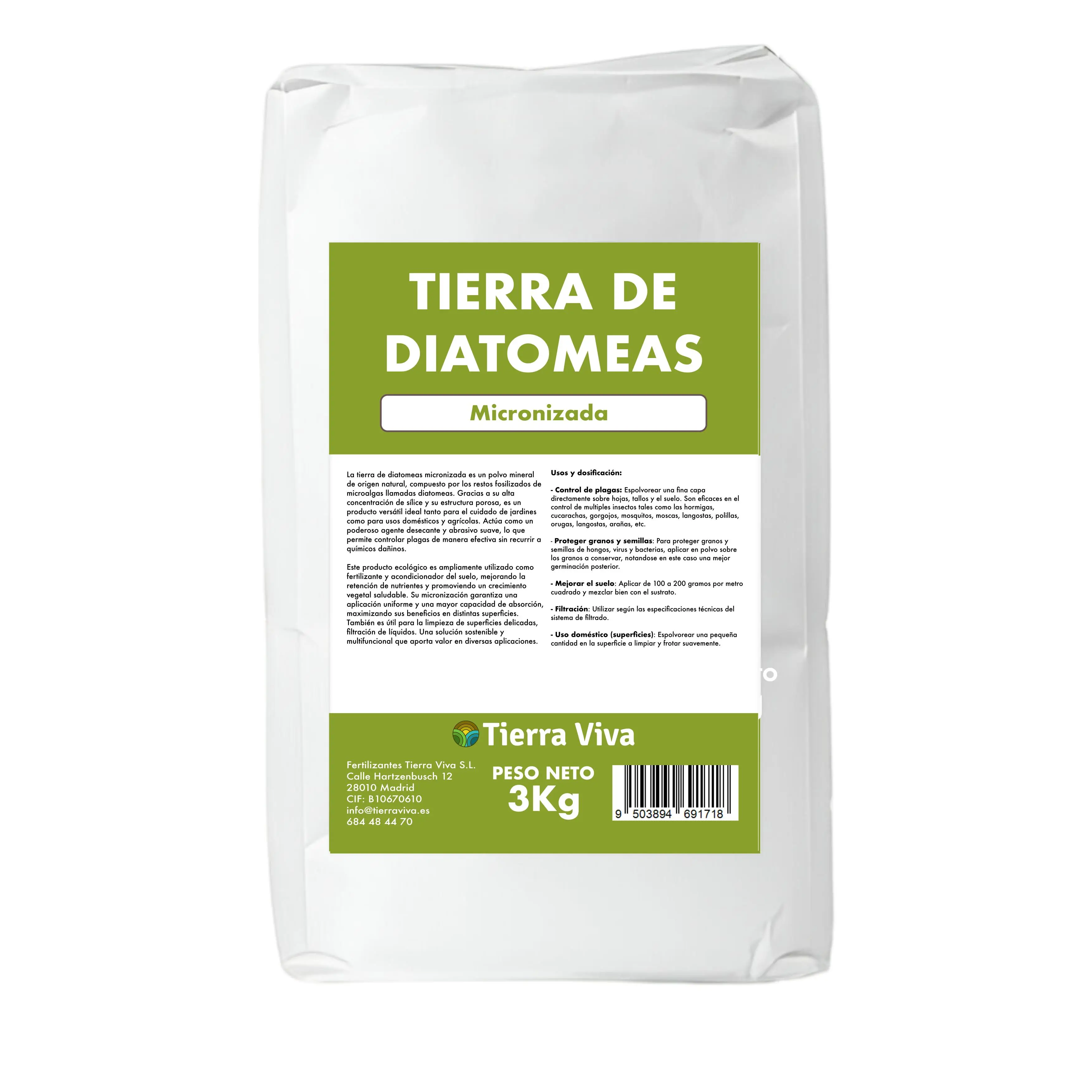 Tierra de diatomeas micronizada 3Kg - Sin Aditivos - Grado alimenticio E-551C  - Fertilizante 100% Ecológico - No calcinada