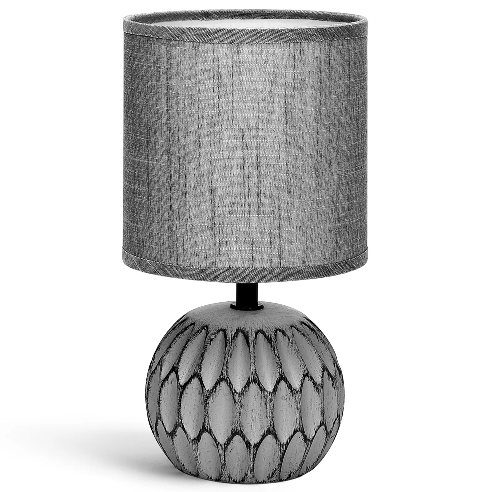 Aigostar Lámparas de Mesita de Noche, Cuerpo de Diseño en Relieve Color Gris, Pantalla de Tela, Casquillo E14, Lámpara de Mesa Diseño Clasico Vintage para Dormitorio, Salon, Estudio, L14 x H26cm