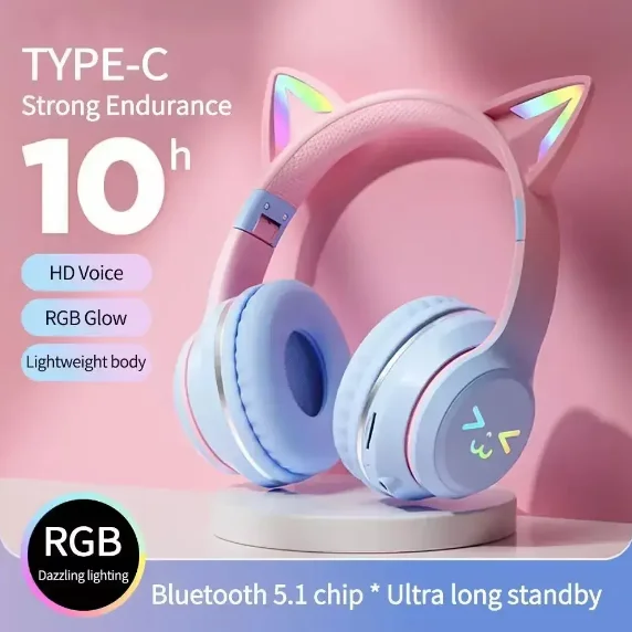 Wireless Bluetooth Earphones for Children with Cat Ears and LED Light, Long Battery Life, Stereo Sound, Microphone and Adjustable Headband, Foldable Helmets with TF Card and Jack 3.5mm, ideal for birthday and Christmas gift