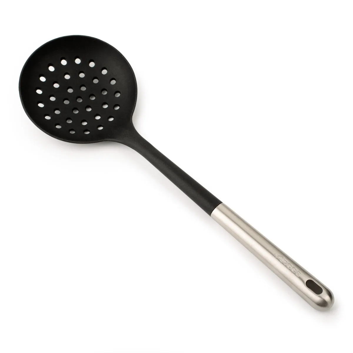 ARCOS Espumadera de Silicona, redondeada y Flexible de 350 mm para escurrir frituras de sartnes y cacerolas. Mango y Cuerpo de Acero Inoxidable. Resiste 240º. Color Negro y gris