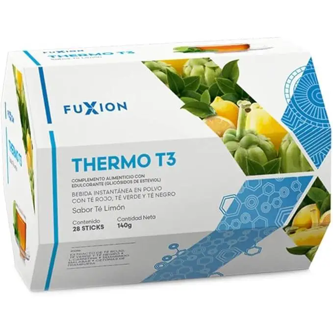 FUXION Thermo T3 – Té Termogénico Sabor Limón con Mix de 3 Tés (Verde, Rojo y Negro),  Extractos Naturales | Control de Peso y Energía | DISPONIBLE EN 7 Y 28 SOBRES