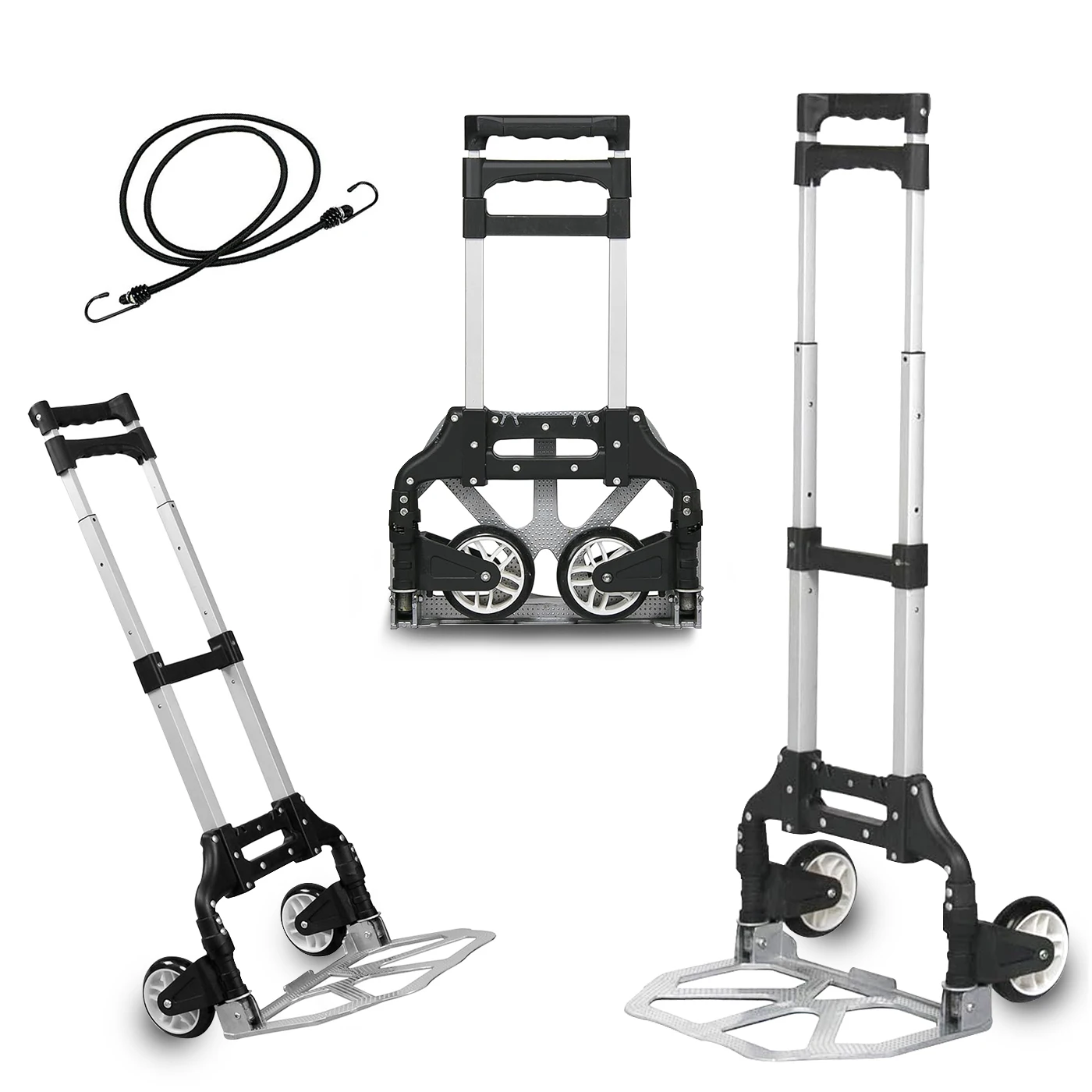 Carretilla Plegable de Aluminio + Cuerda, Carro de Mano con Ruedas de Goma, Compacto, Portátil y Resistente. Soporta hasta 70kg. Ideal para un Fácil Transporte de Maletas/Compras/Mudanzas/Oficina.