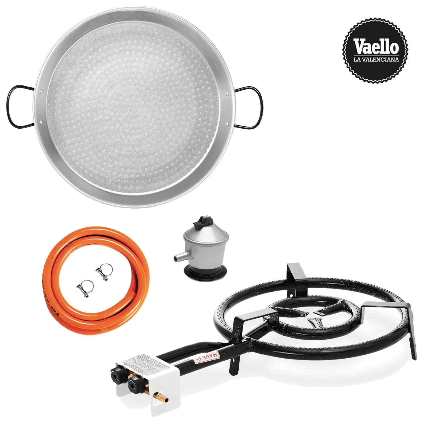 VAELLO - Pack Paellera de Acero Pulido (42 cm) + Quemador de Gas (40 cm) + Regulador de Gas + Tubo