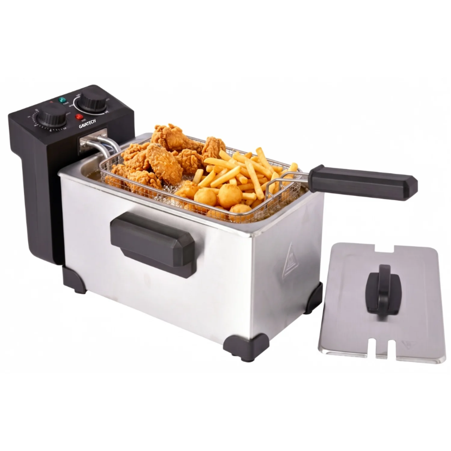 GAVATECH Freidora Eléctrica de 3 Litros en Acero Inoxidable, 2000W, Control de Temperatura Ajustable y Cesta con Mango Frío al Tacto, Fácil Limpieza.