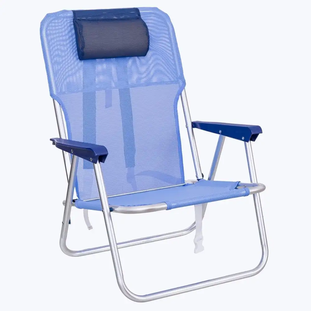 Silla playa camping mochila Junior, plegable de aluminio y textileno azul, silla fija de 55x40x71 cm, con cojín cervical azul oscuro, correas acolchadas y ajustables LOLAhome