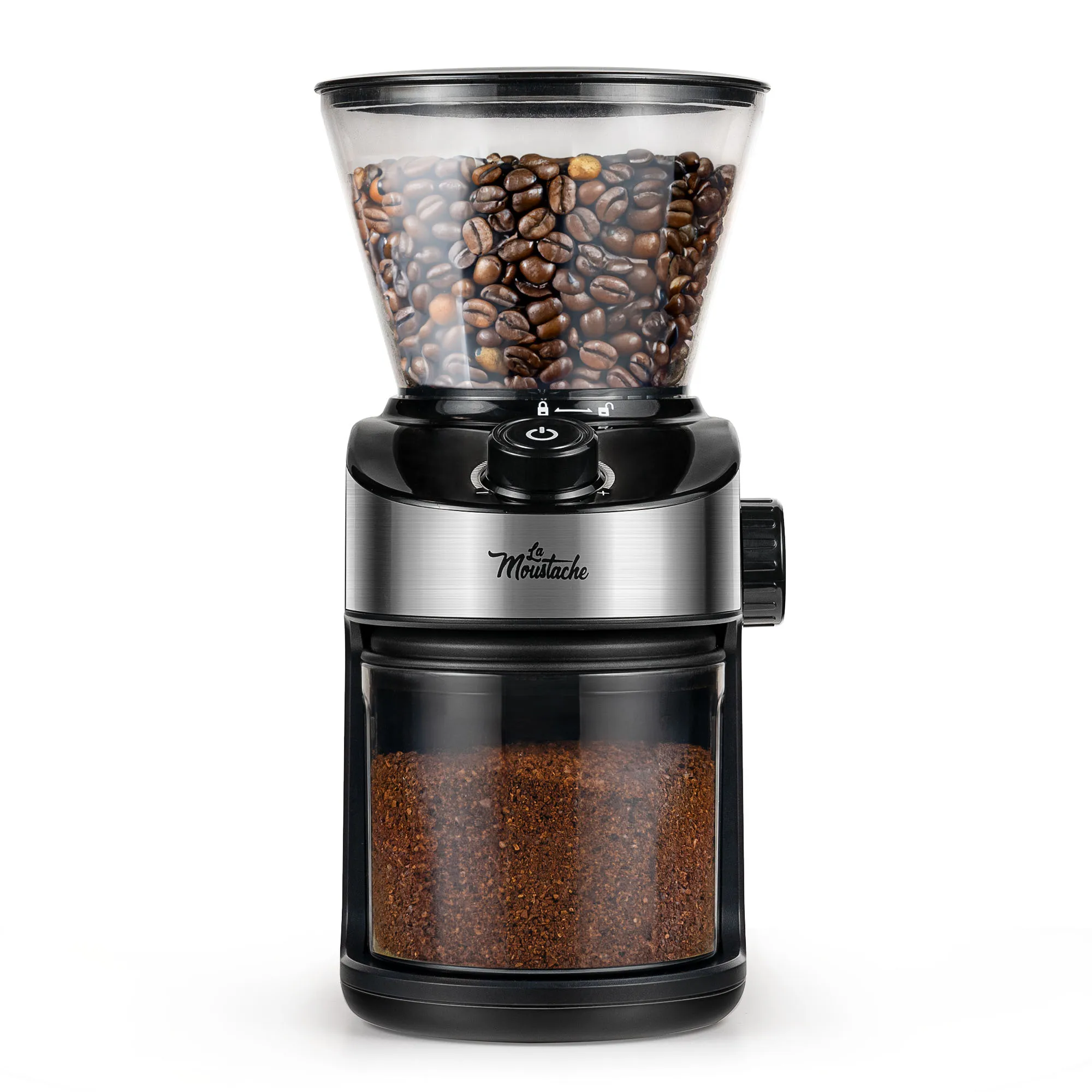 LA MOUSTACHE Molinillo de Café Eléctrico 200W, Capacidad 190gr, Mecanismo de Rebabas Planas