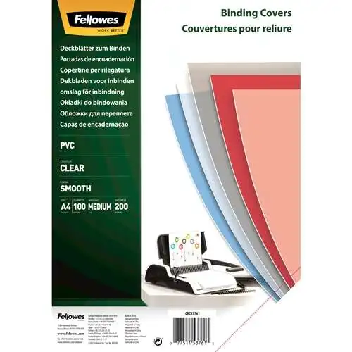 Fellowes pack de 100 portadas para encuadernar de pvc a4 - 200 micras - acabado de calidad - color transparente