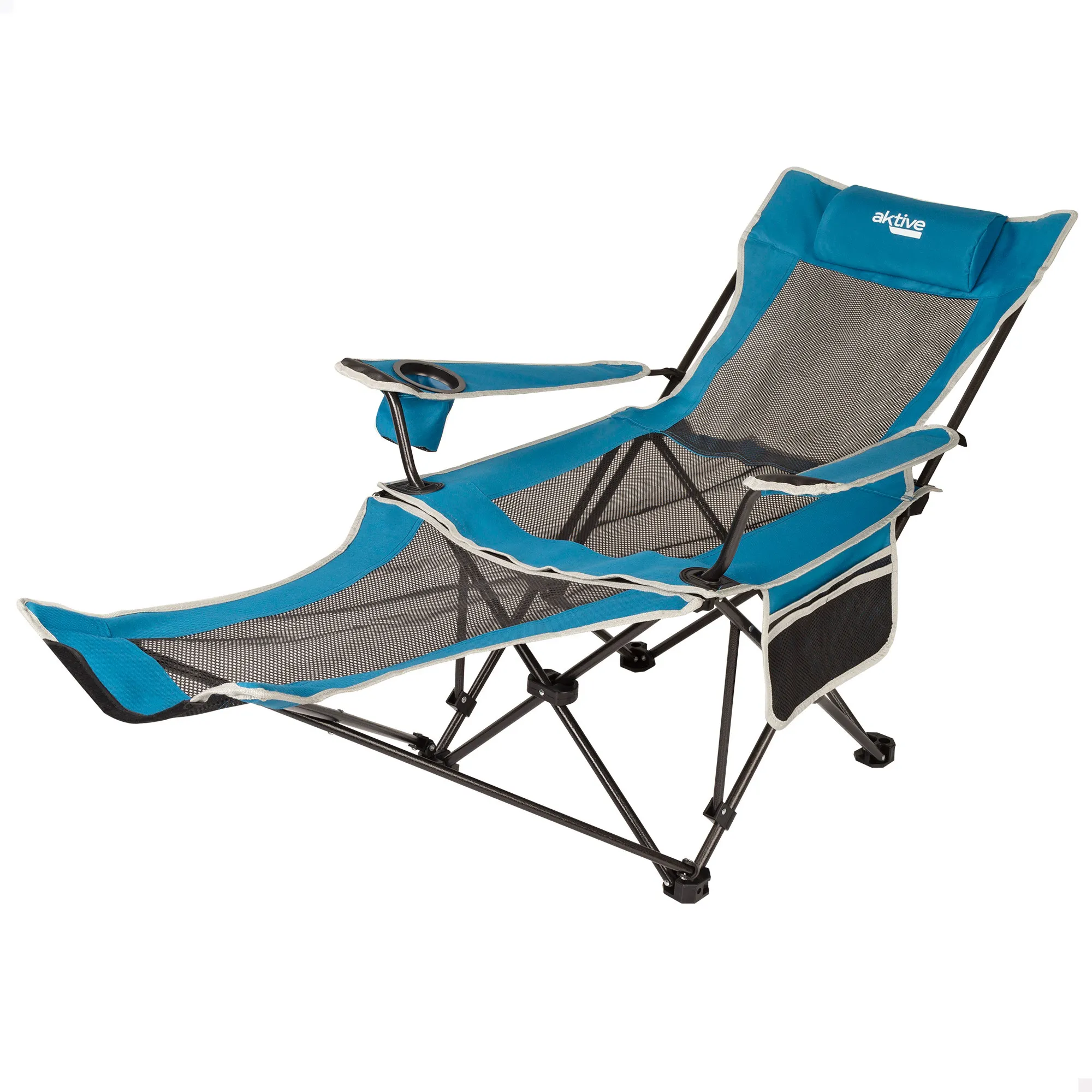Aktive - Silla tumbona plegable camping con 2 posiciones, 152x54x75 cm, fabricada de acero, textileno y rejilla, con cojín, bolsillo lateral, posavasos y topes antivuelco, máx. 110 kg, incluye funda,