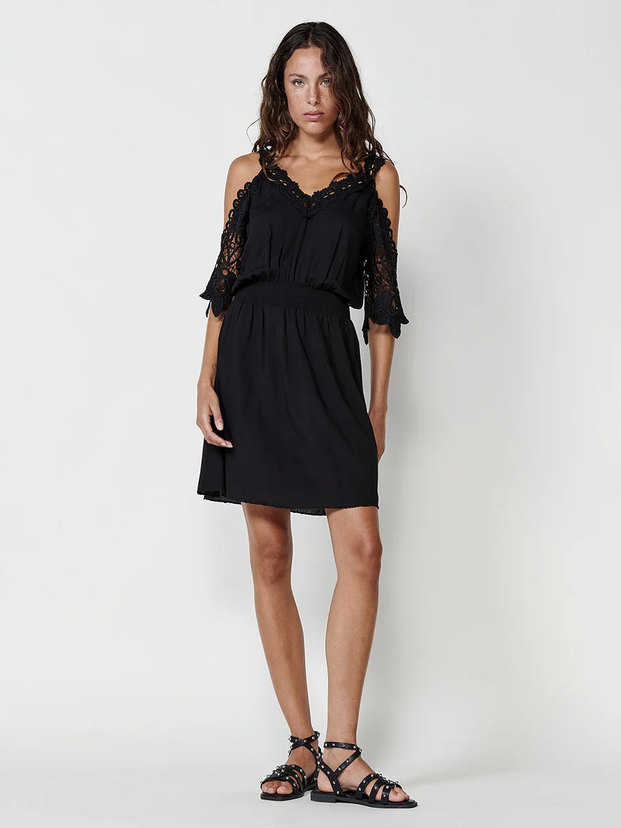 Koroshi - Vestido corto de fiesta con blonda en escote y mangas, de viscosa 100 % para ocasiones especiales negro