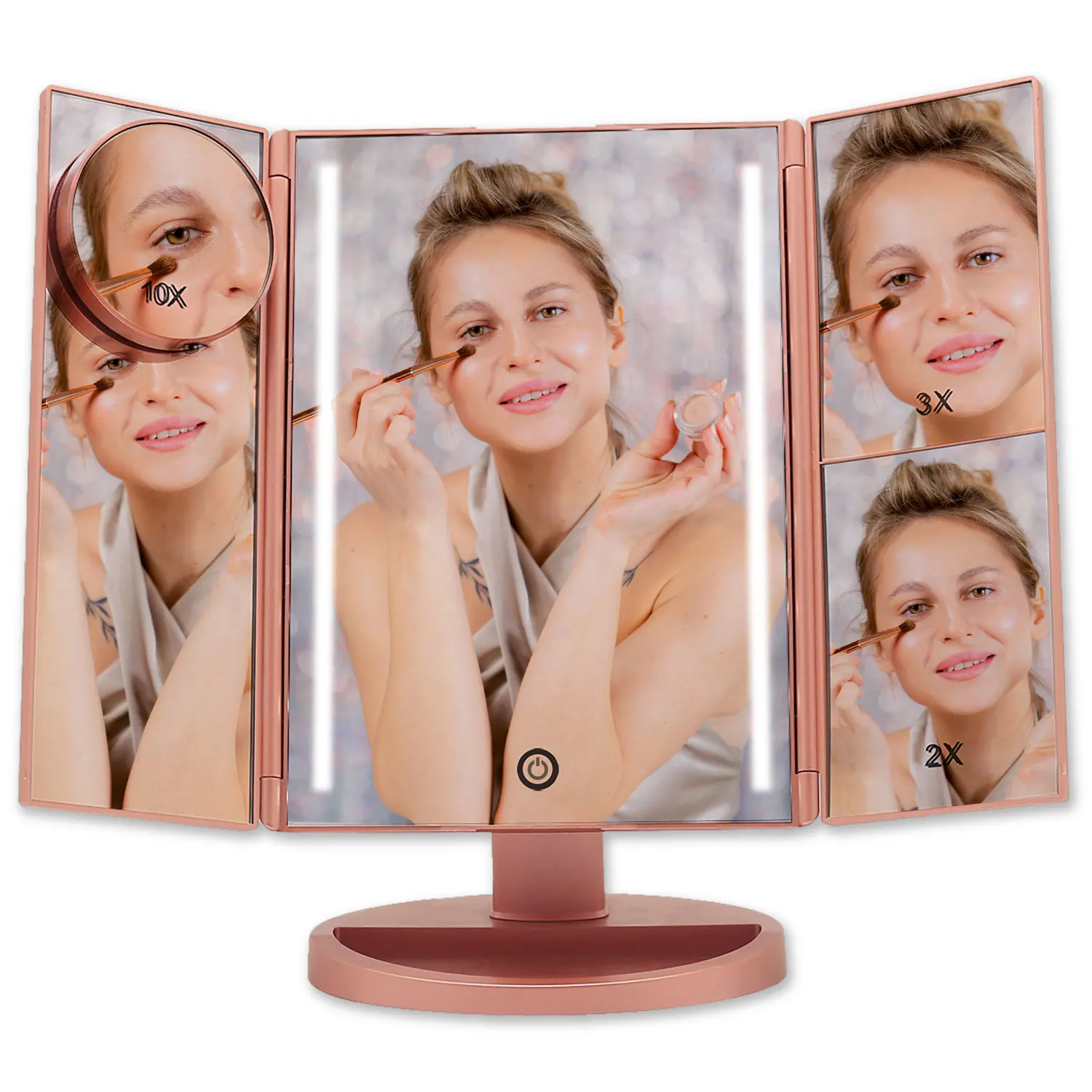 Espejo Maquillaje con Luz Bellatrix de Boston Tech®  Ampliación 1X/2X/3X/10X   3 Pliegues Ajustable + Barra de luz LED + Rotación Ajustable de 180 °  Fuente de alimentación Doble + Pantalla Táctil