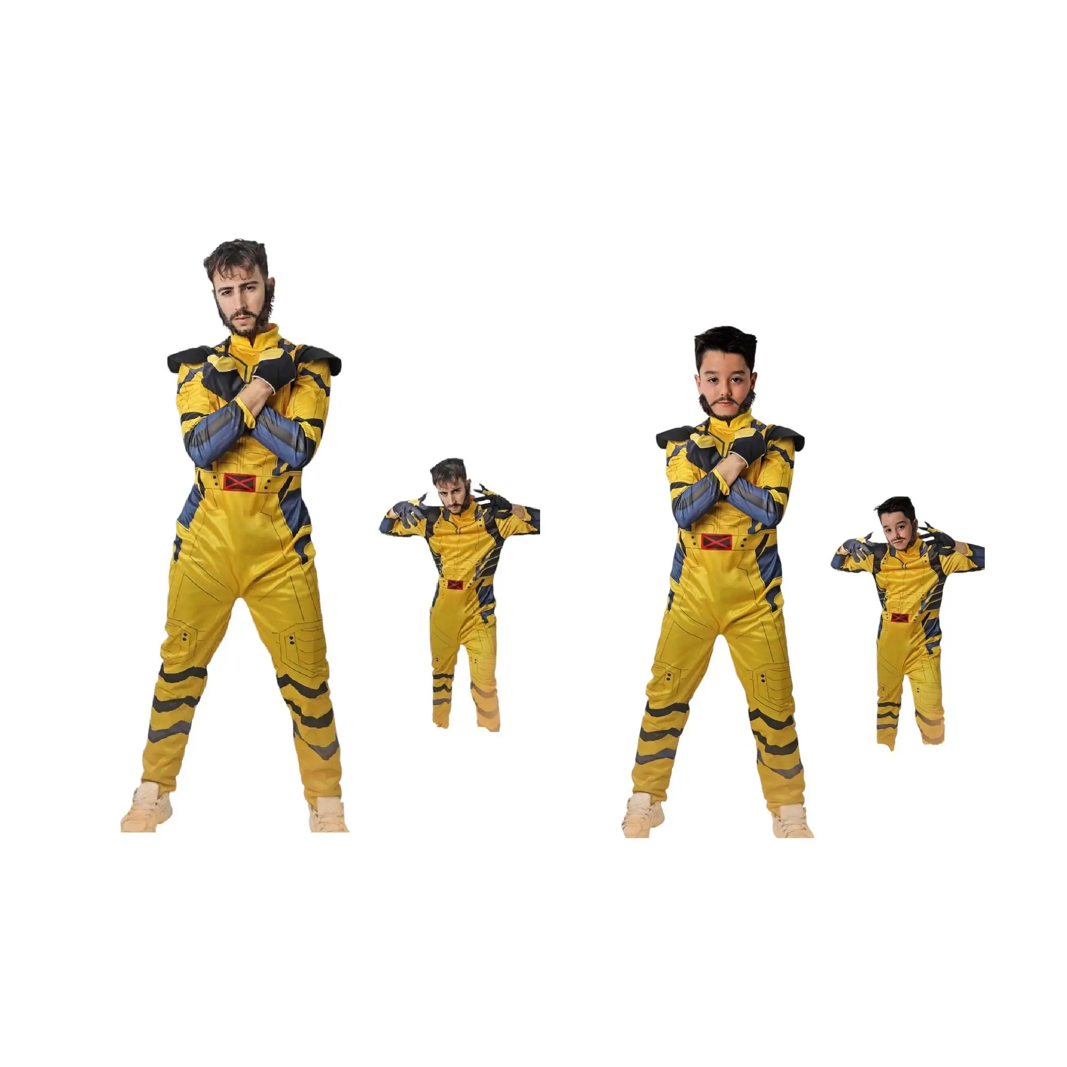 Disfraz Hombre / Niño Lobo. Amarillo. Tipo LOBEZNO. En talla única de adulto, y varias tallas de niño. El disfraz consta de:  Mono y Guantes.